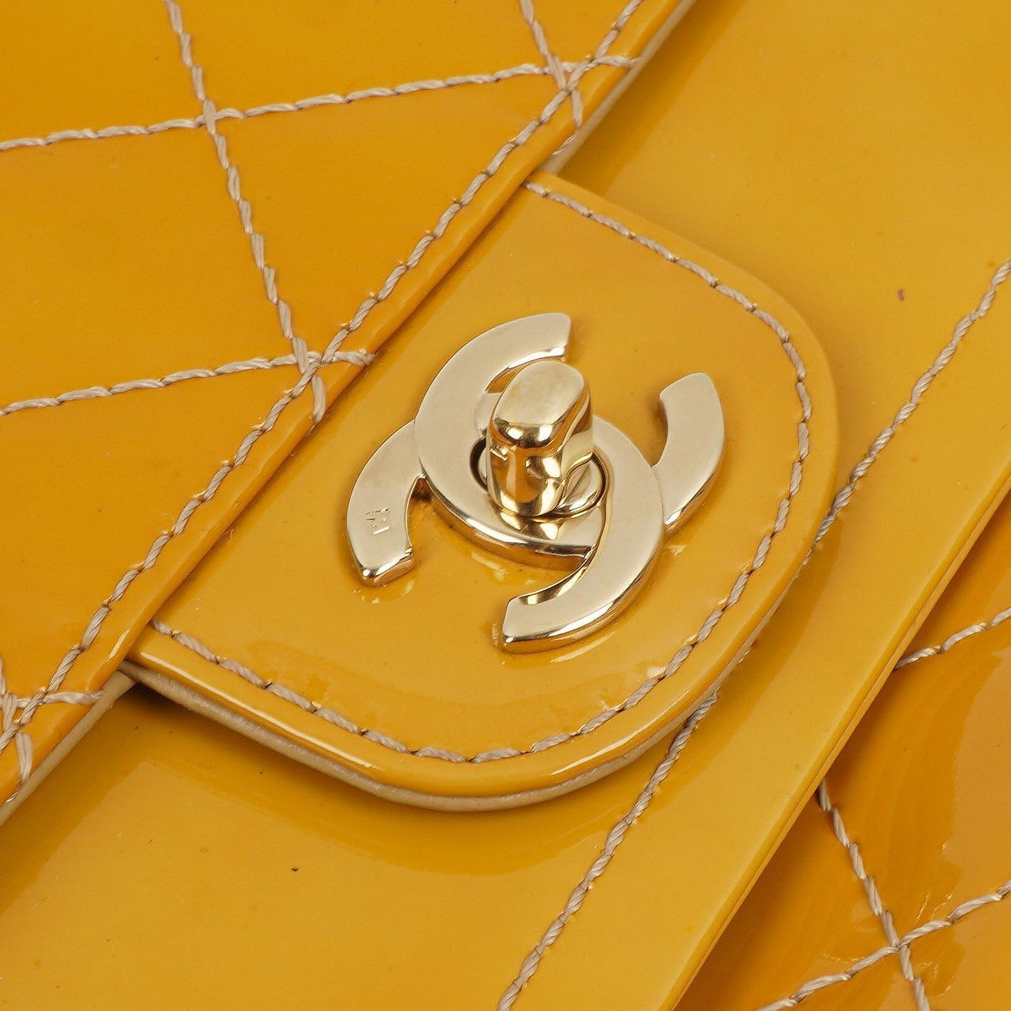 Chanel Accordion Double Flap Bag Yellow Quilted Patent Leather With 24K Champagne Gold-Plated Hardware