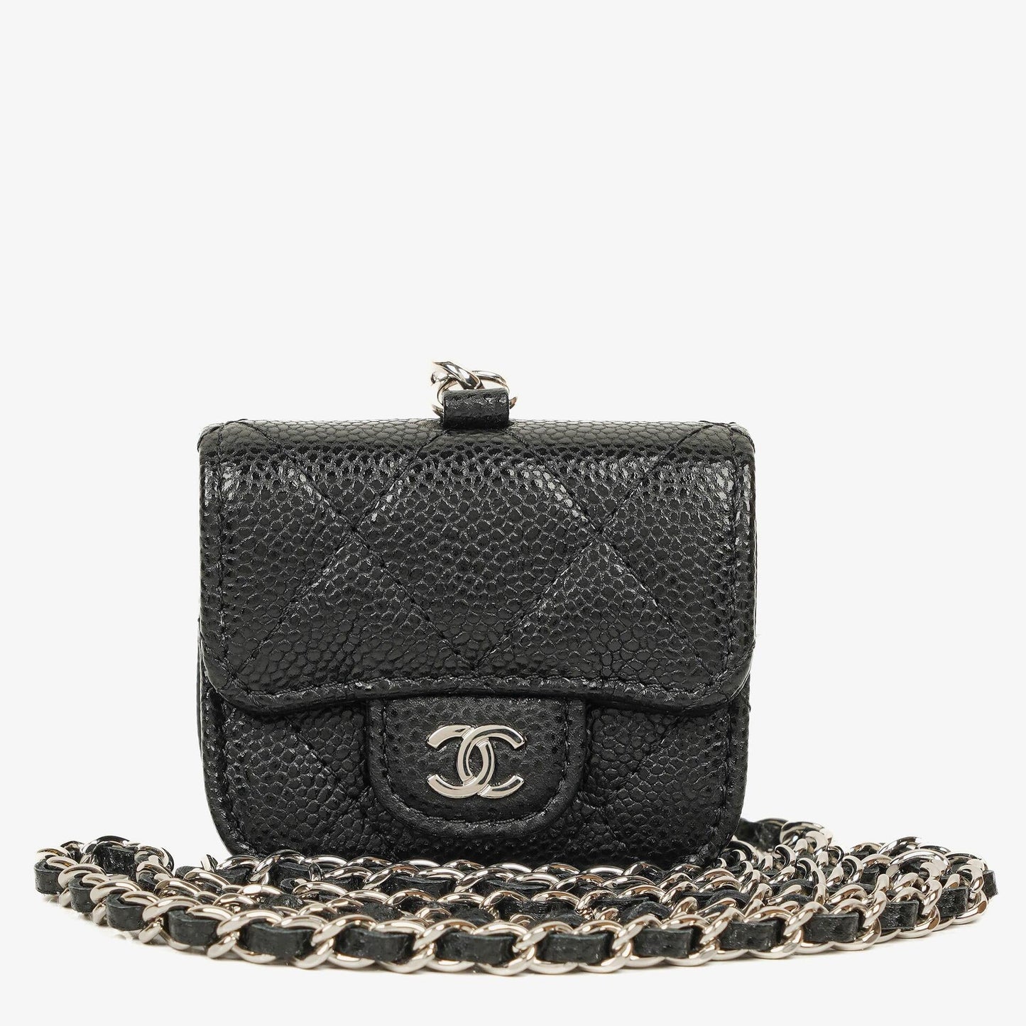 Chanel Airpods Pro Case In Black Caviar Quilted Leather With Silver-Tone Hardware