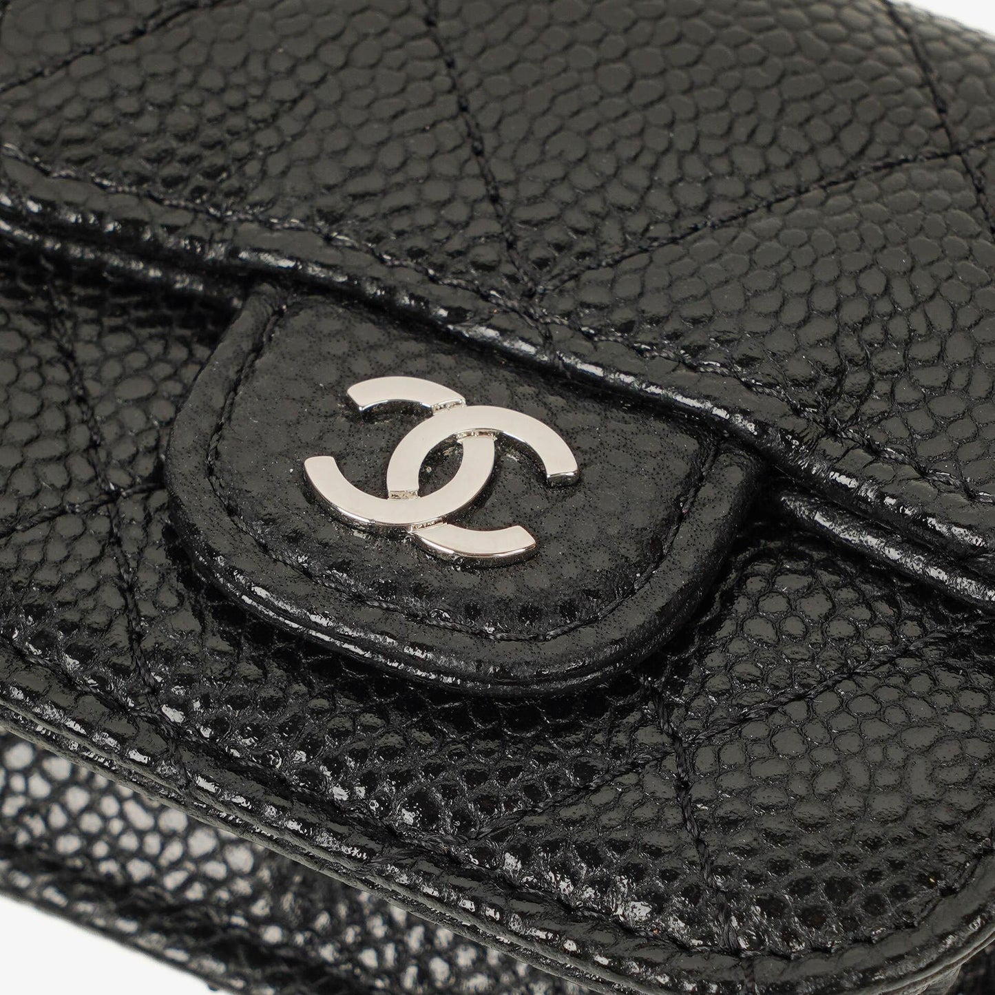 Chanel Airpods Pro Case In Black Caviar Quilted Leather With Silver-Tone Hardware