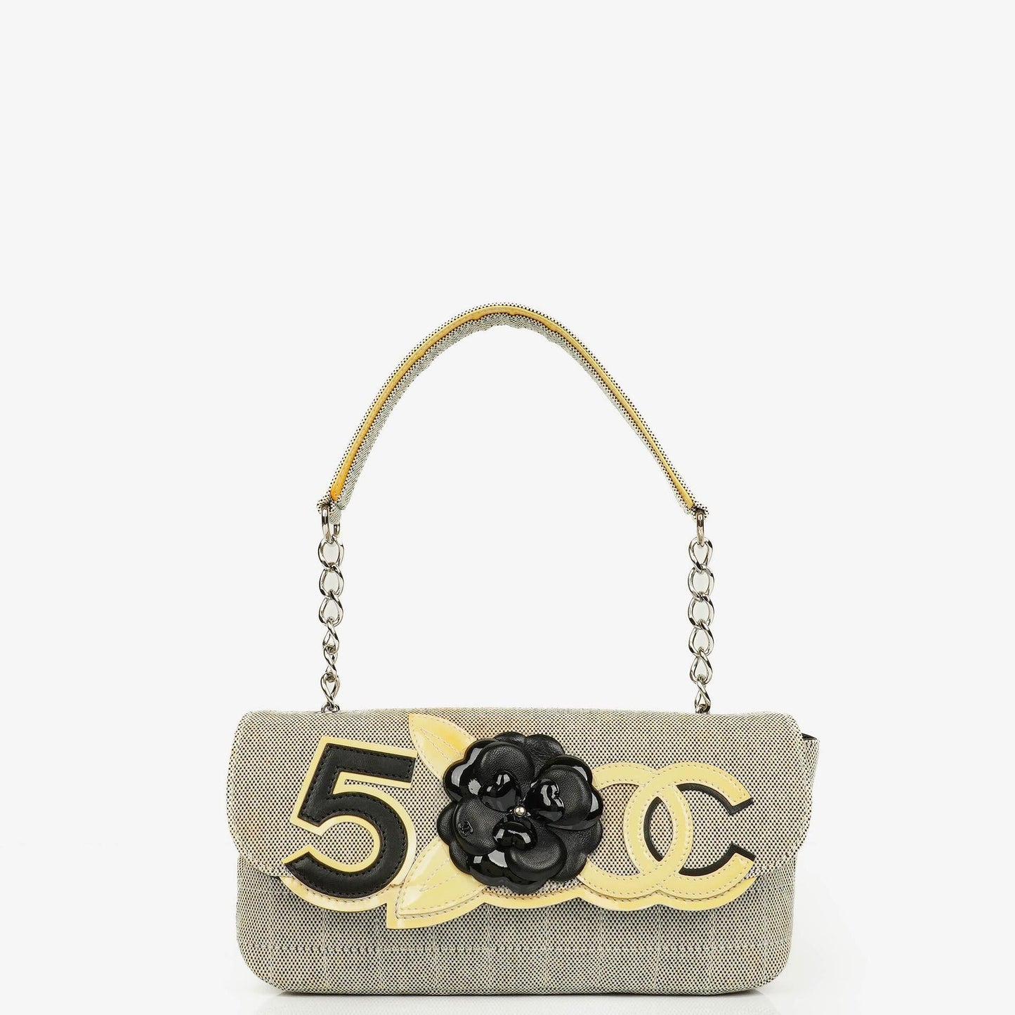 Chanel Beige Black Canvas Camellia N°5 Bag