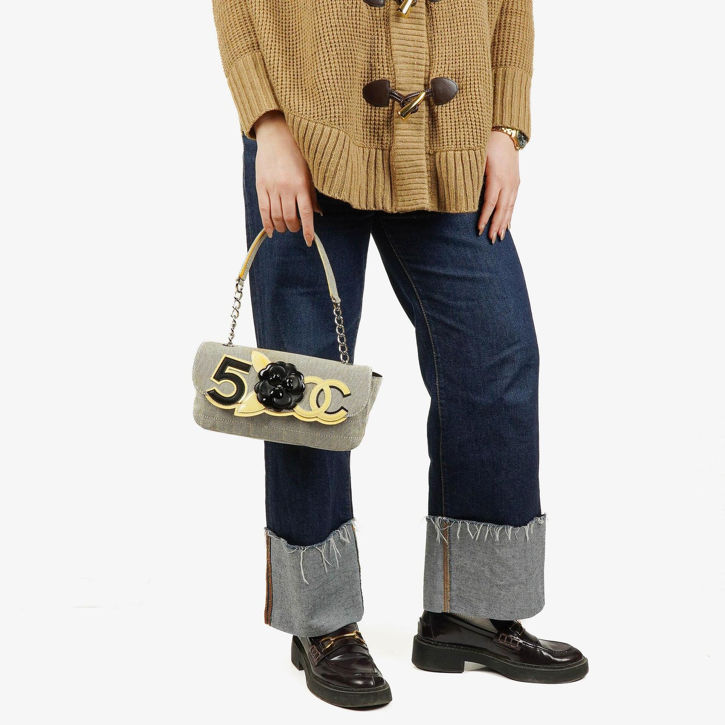 Chanel Beige Black Canvas Camellia N°5 Bag