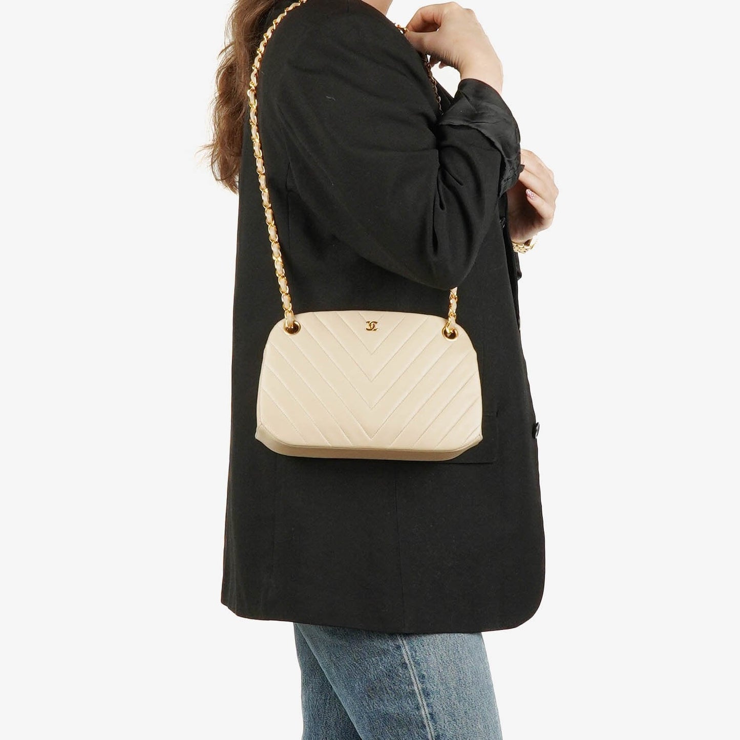 Chanel Beige Chevron Lambskin Kiss Lock Bag