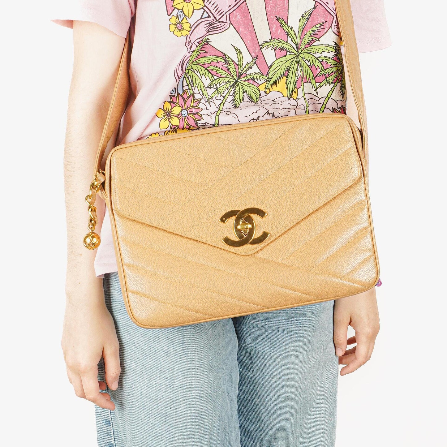 Chanel Beige Jumbo Caviar Diagonal Pocket Camera Bag