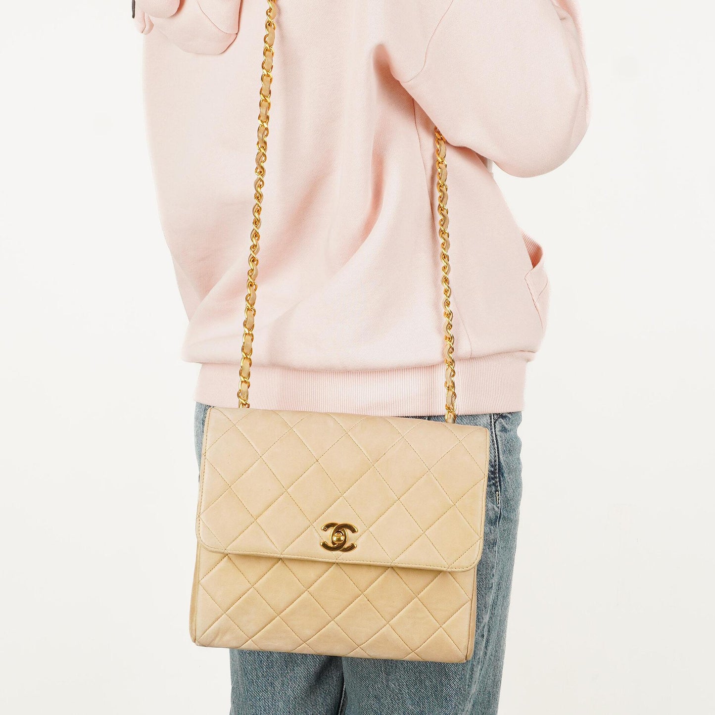 Chanel Beige Quilted Lambskin Small Single Flap Bag With 24K Gold-Plated Hardware