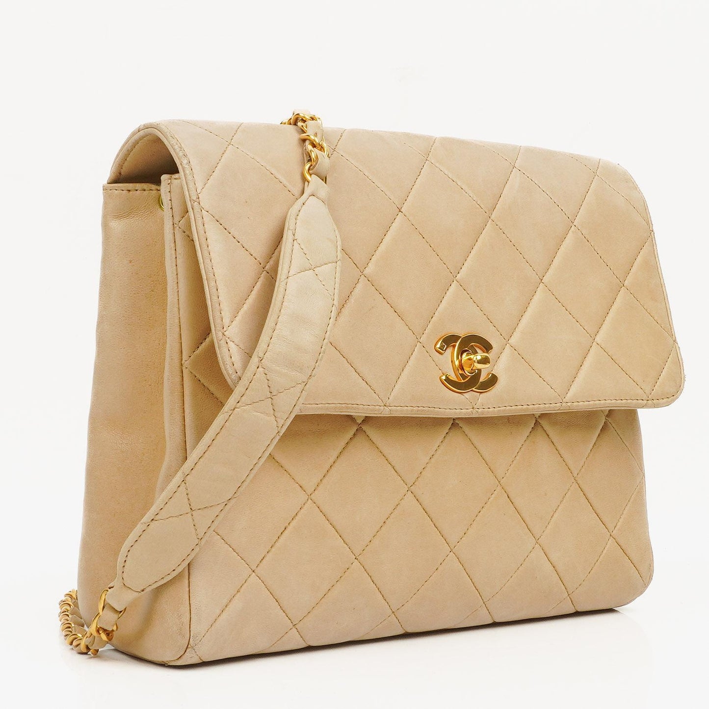 Chanel Beige Quilted Lambskin Small Single Flap Bag With 24K Gold-Plated Hardware