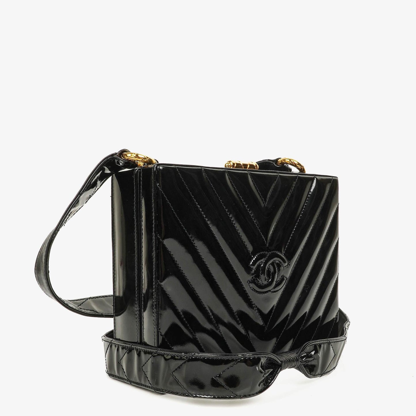Chanel Black Chevron Quilted Patent Leather Vanity Case Box Bag