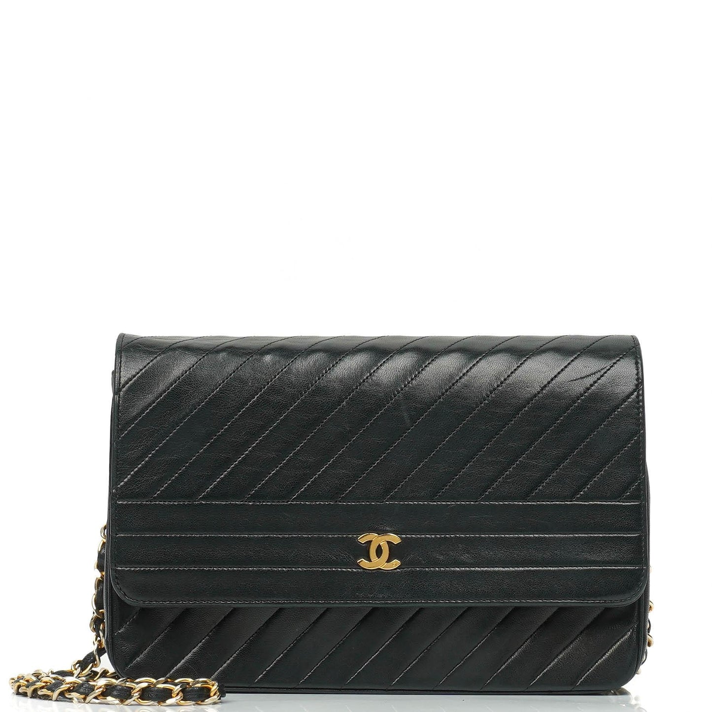 Chanel Black Diagonal Quilted Lambskin Leather Medium Classic Single Flap Bag With 24K Gold-Plated Hardware