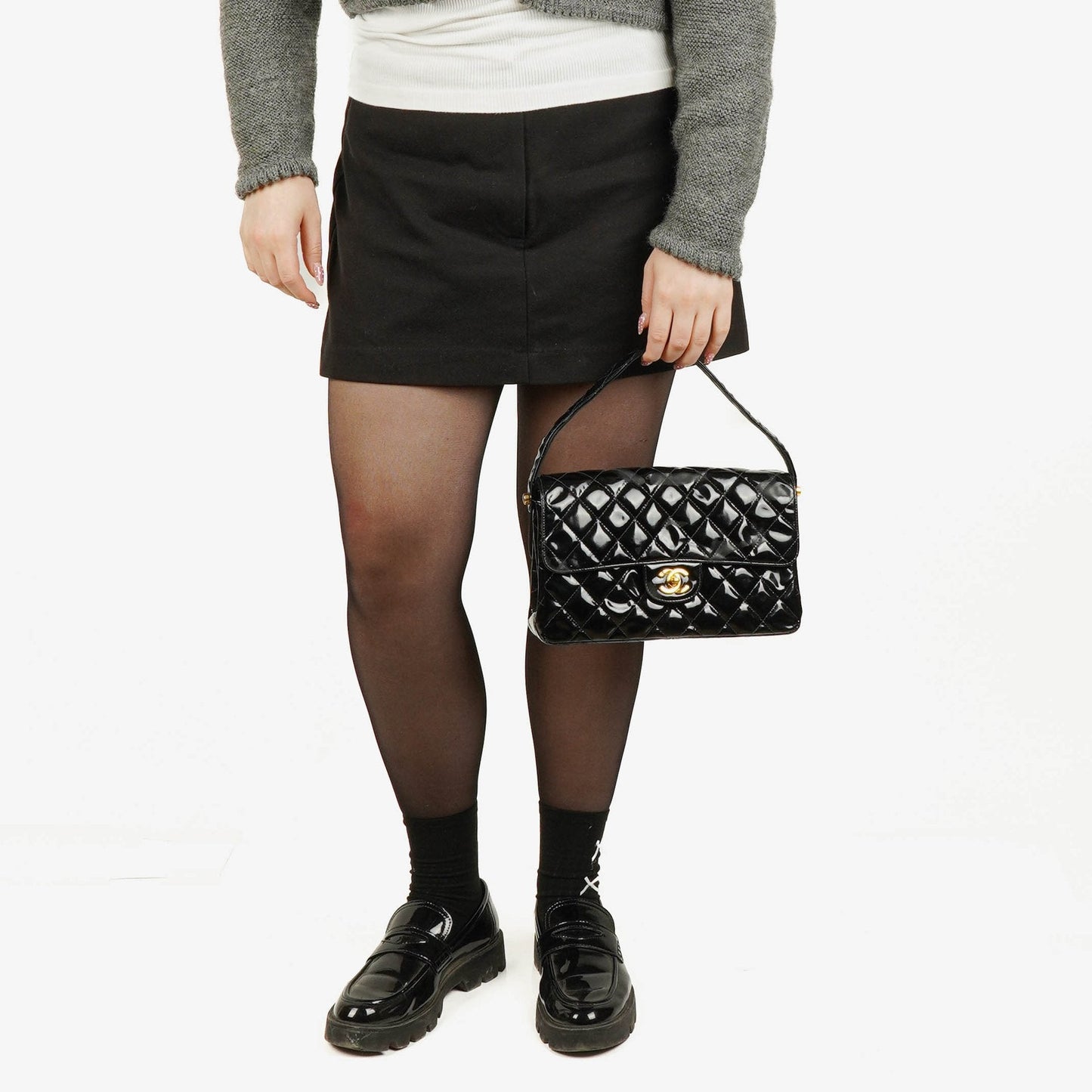 Chanel Black Double-Sided Flap Bag In Quilted Patent Leather