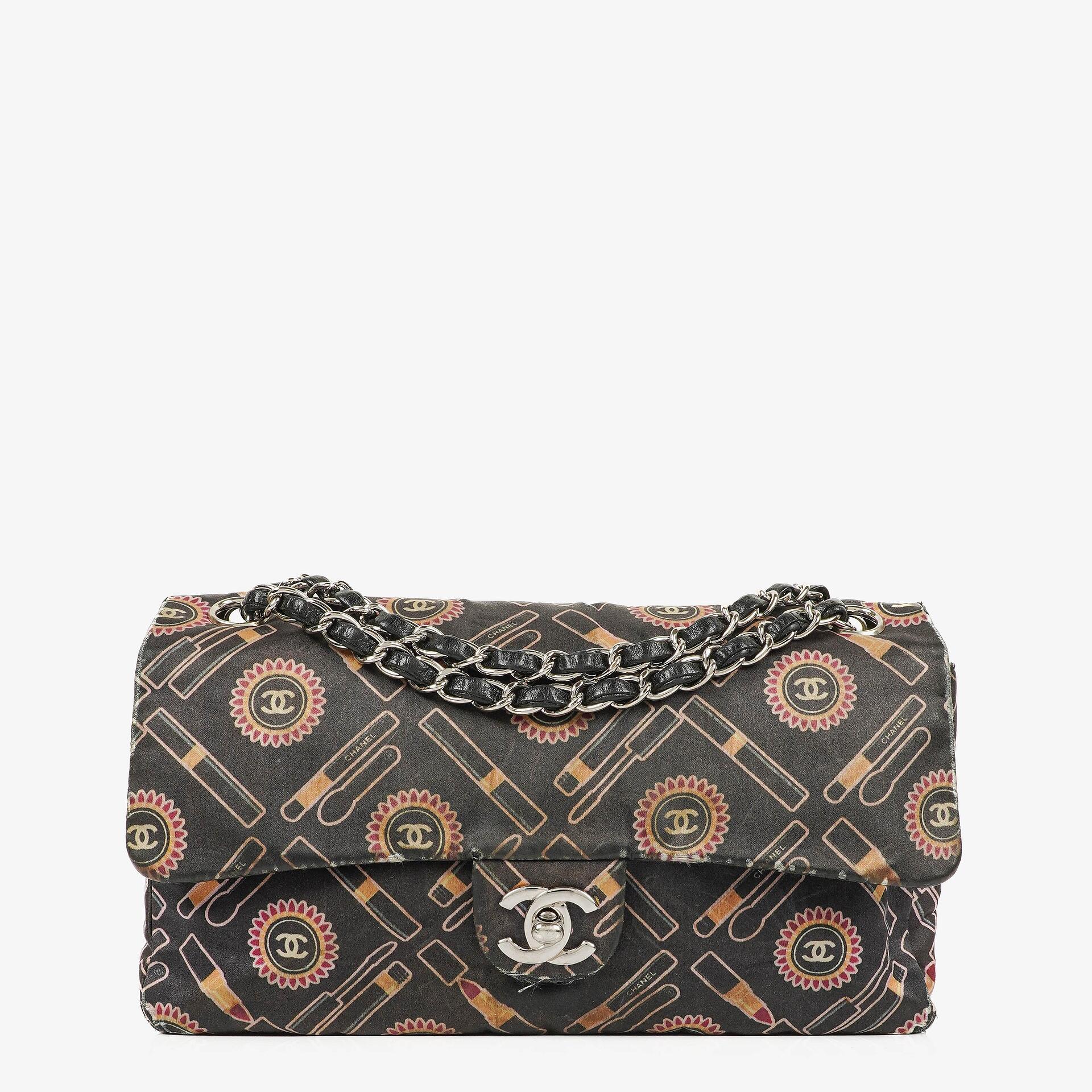 Chanel Black Lipstick Print Satin Flap Bag With Silver-Tone Hardware