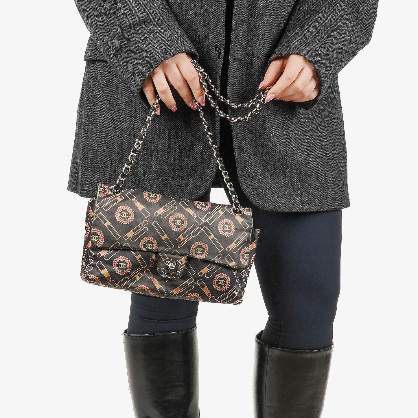 Chanel Black Lipstick Print Satin Flap Bag With Silver-Tone Hardware