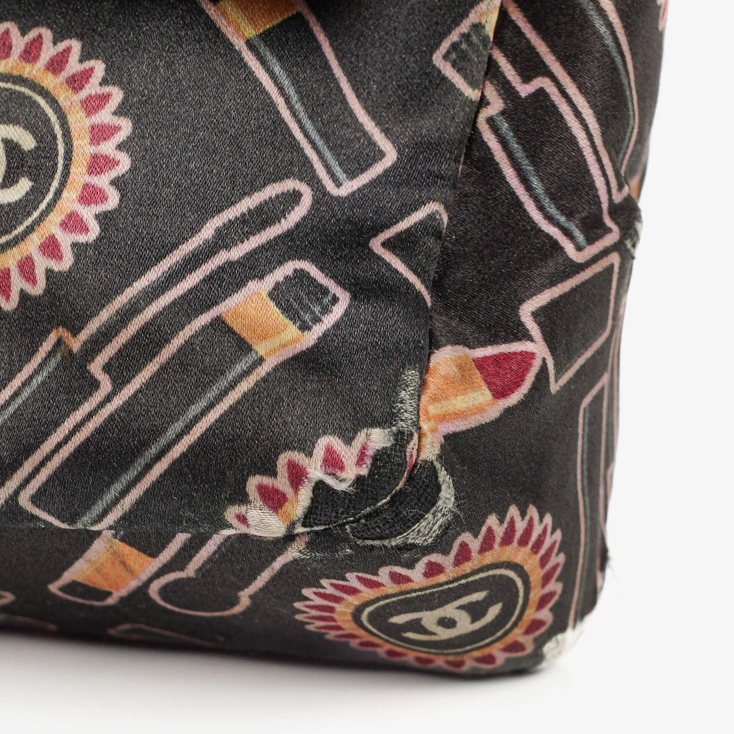 Chanel Black Lipstick Print Satin Flap Bag With Silver-Tone Hardware