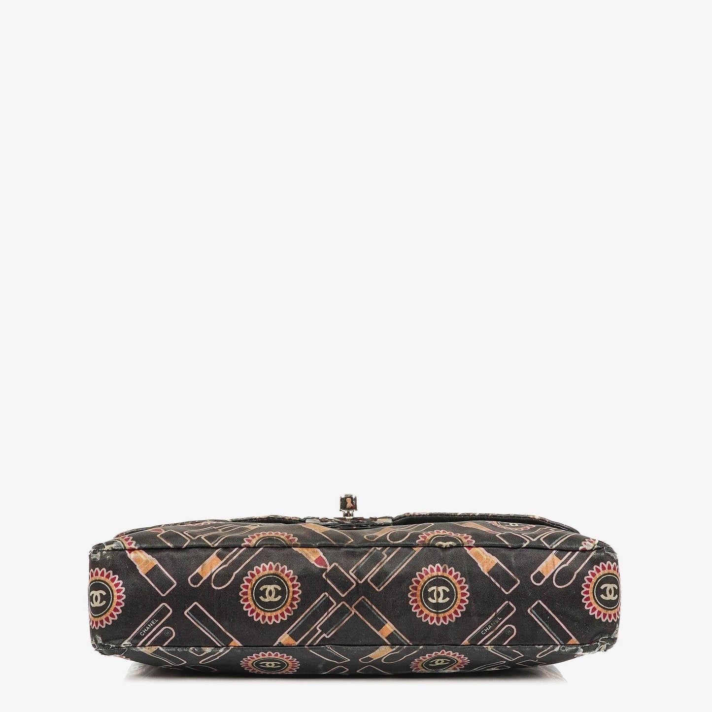 Chanel Black Lipstick Print Satin Flap Bag With Silver-Tone Hardware