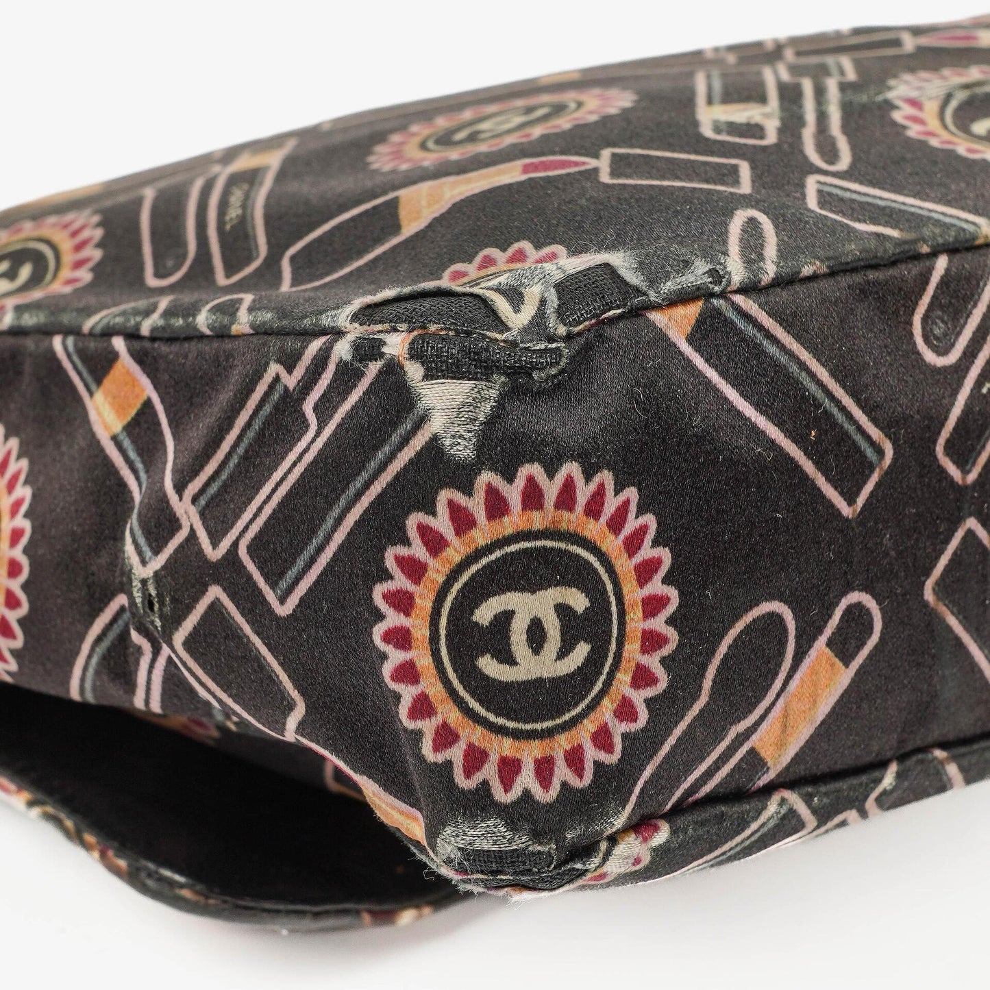 Chanel Black Lipstick Print Satin Flap Bag With Silver-Tone Hardware
