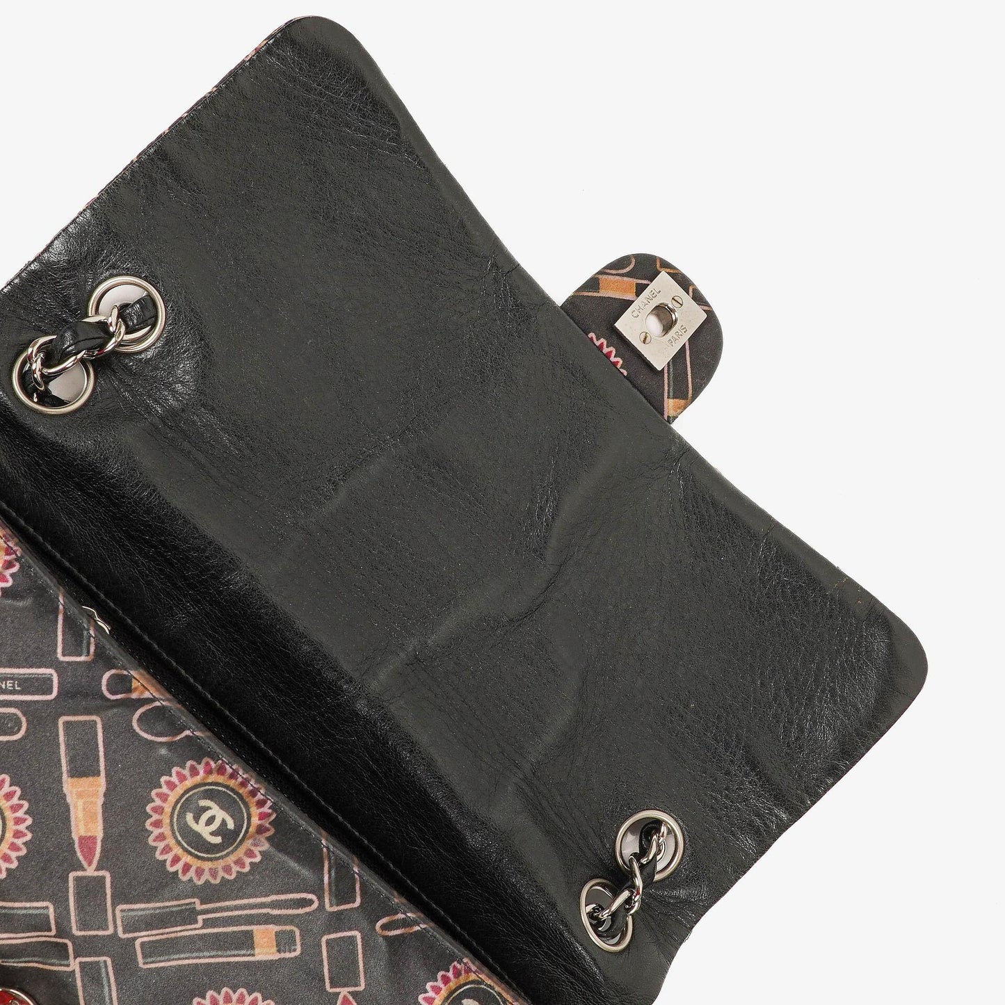 Chanel Black Lipstick Print Satin Flap Bag With Silver-Tone Hardware