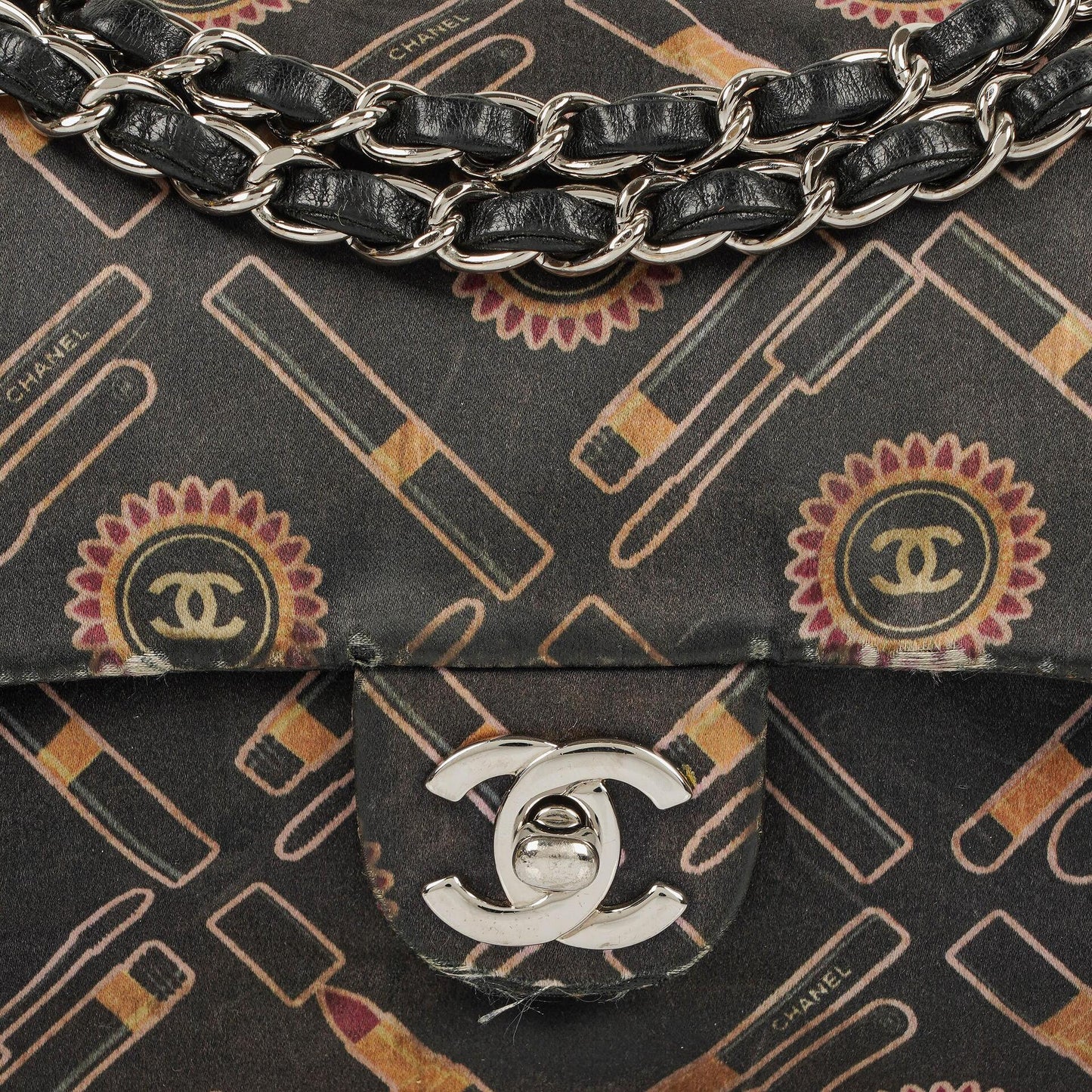 Chanel Black Lipstick Print Satin Flap Bag With Silver-Tone Hardware
