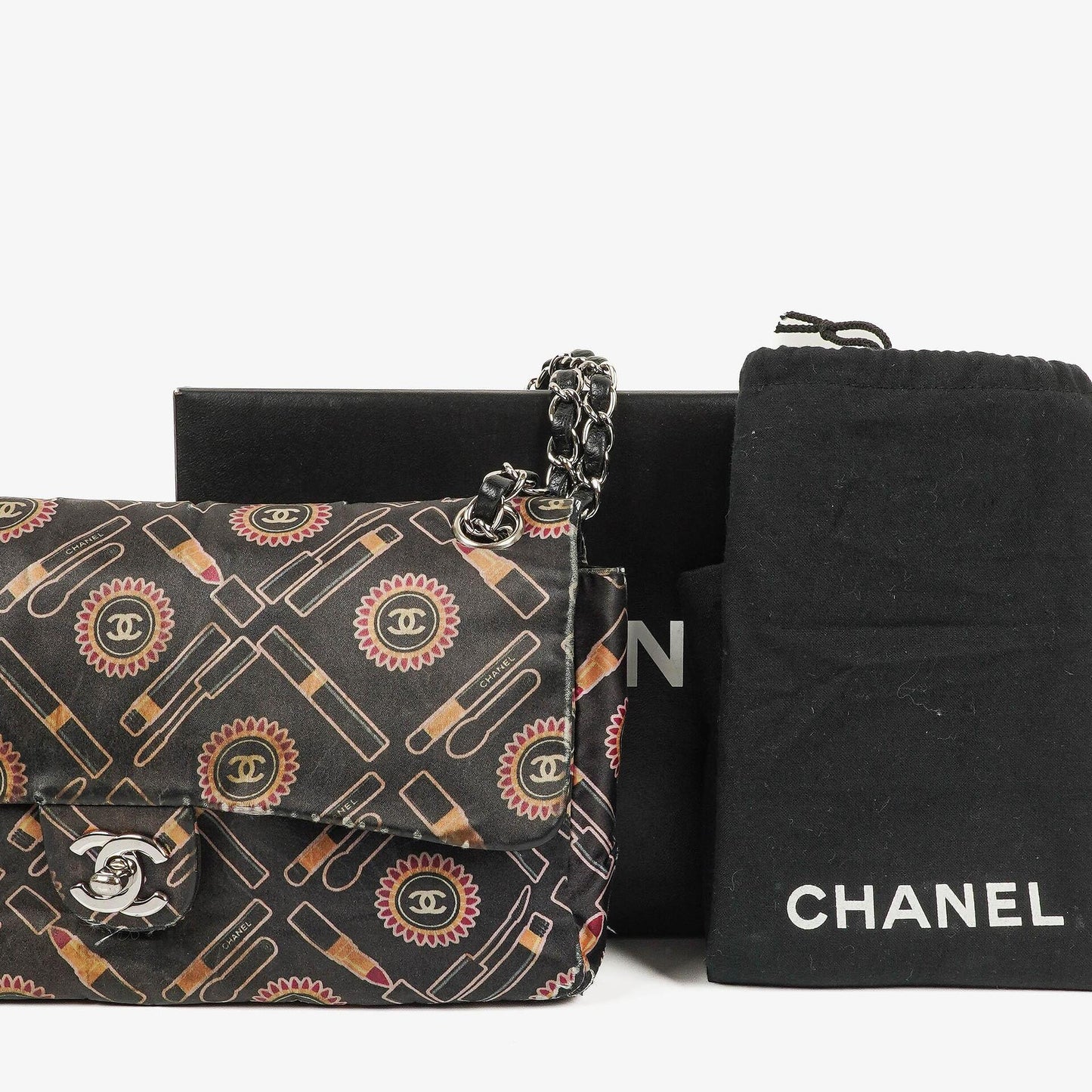 Chanel Black Lipstick Print Satin Flap Bag With Silver-Tone Hardware