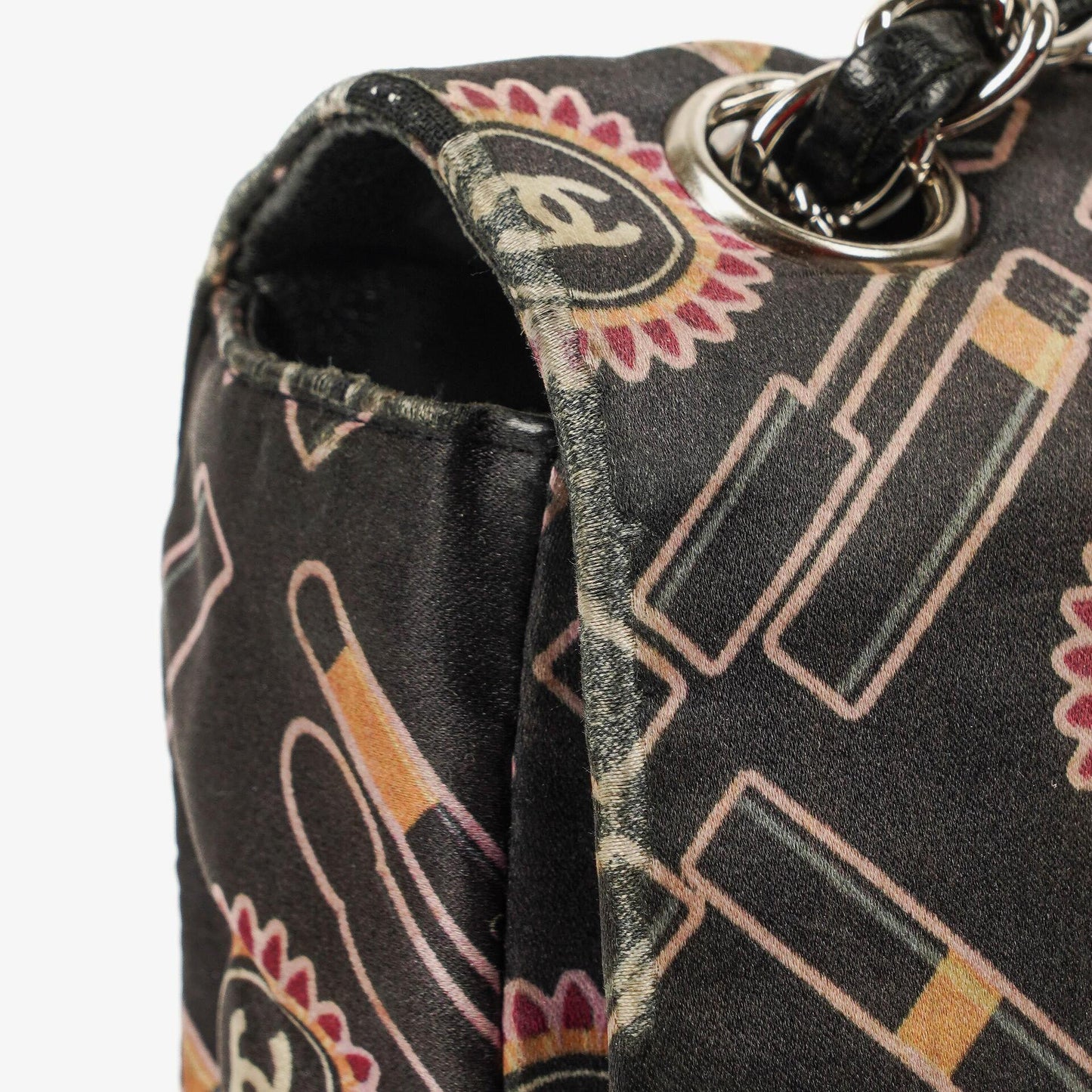 Chanel Black Lipstick Print Satin Flap Bag With Silver-Tone Hardware