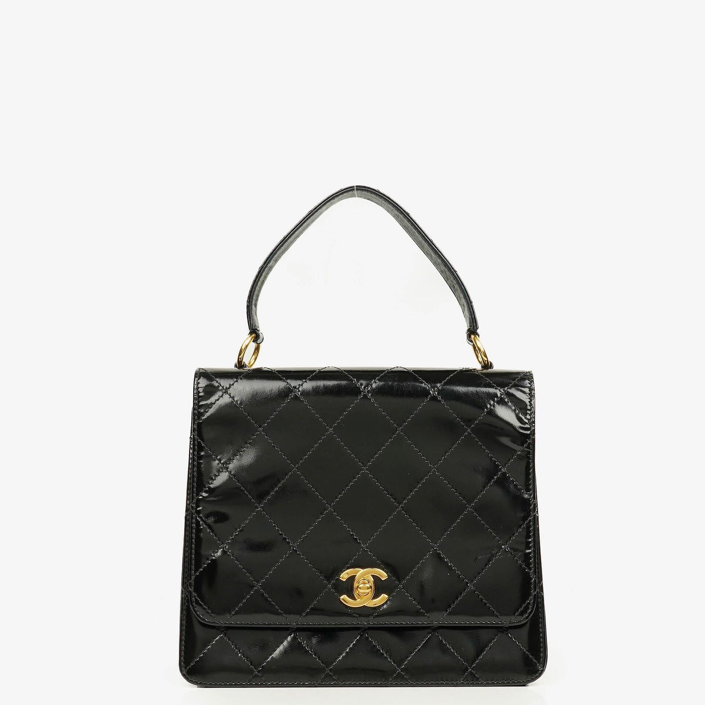 Chanel Black Quilted Patent Leather Top Handle Flap Bag With 24K Gold-Plated Hardware