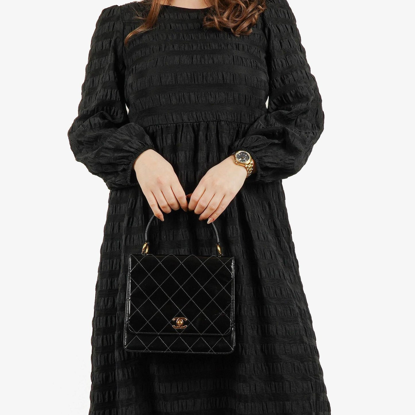 Chanel Black Quilted Patent Leather Top Handle Flap Bag With 24K Gold-Plated Hardware