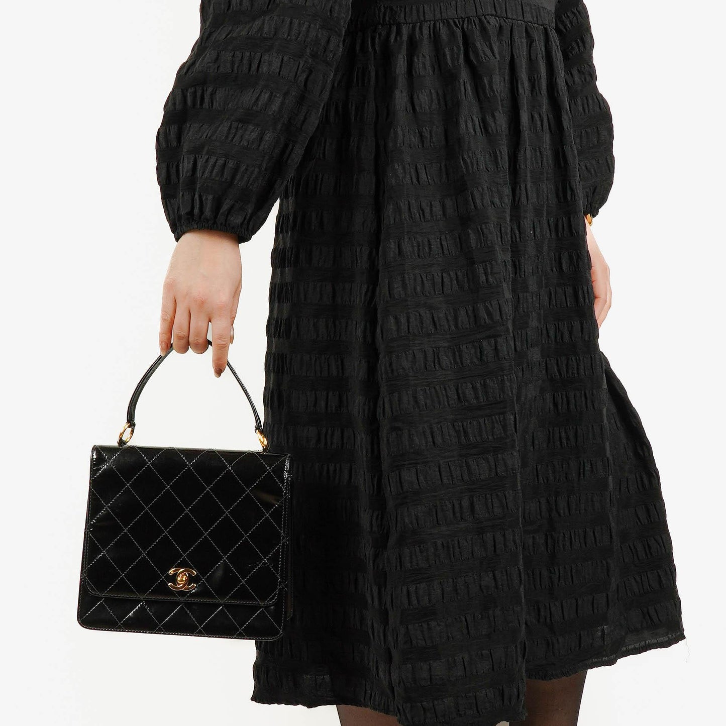 Chanel Black Quilted Patent Leather Top Handle Flap Bag With 24K Gold-Plated Hardware