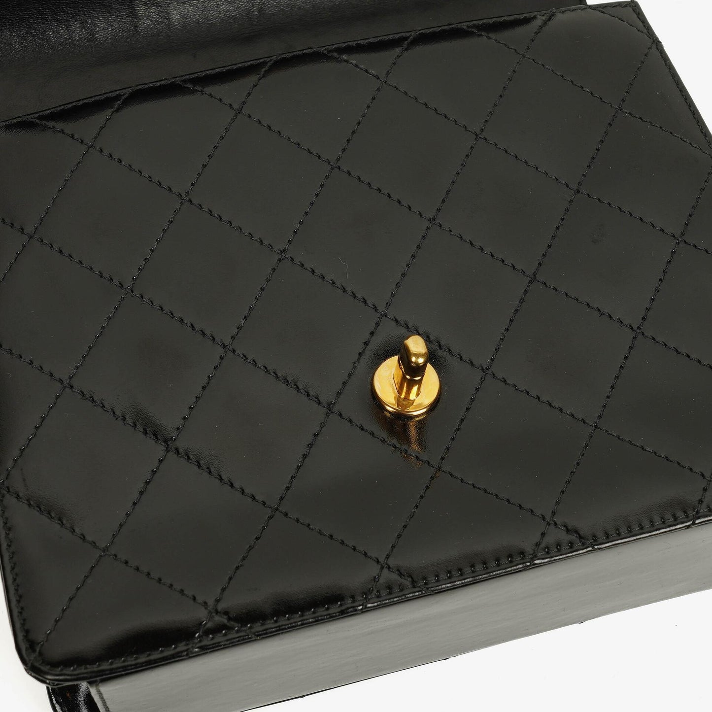 Chanel Black Quilted Patent Leather Top Handle Flap Bag With 24K Gold-Plated Hardware
