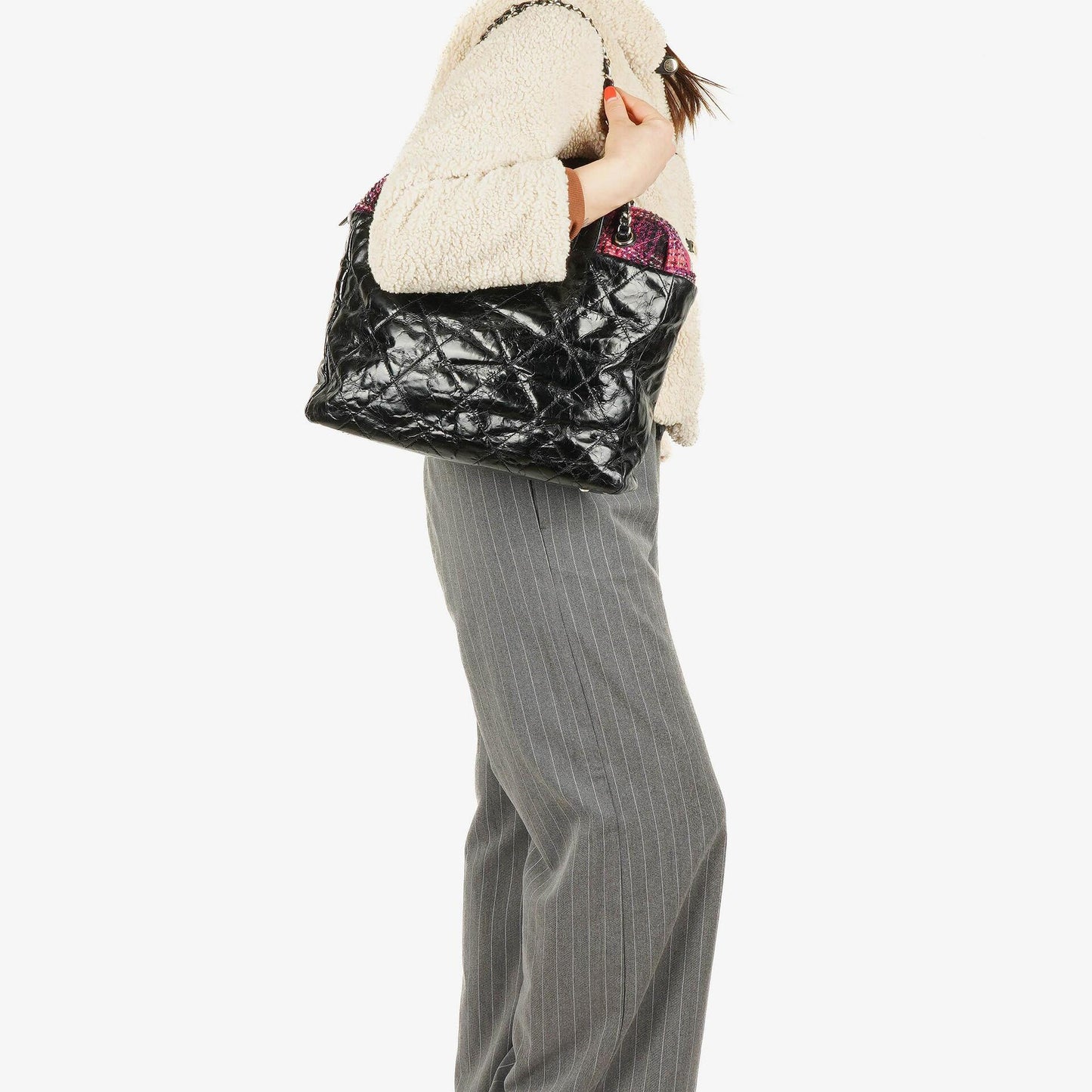 Chanel Black Quilted Glazed Calfskin Leather and Tweed Portobello Tote Bag