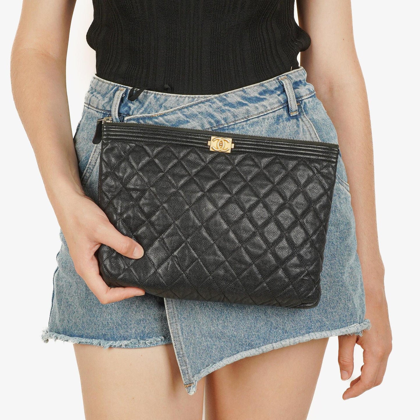 Chanel Black Quilted Leather Caviar Boy Medium Clutch