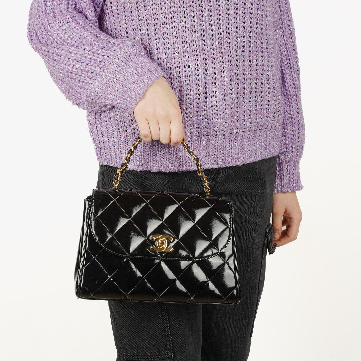 Chanel Black Quilted Patent Leather CC Flap Double Chain Bag