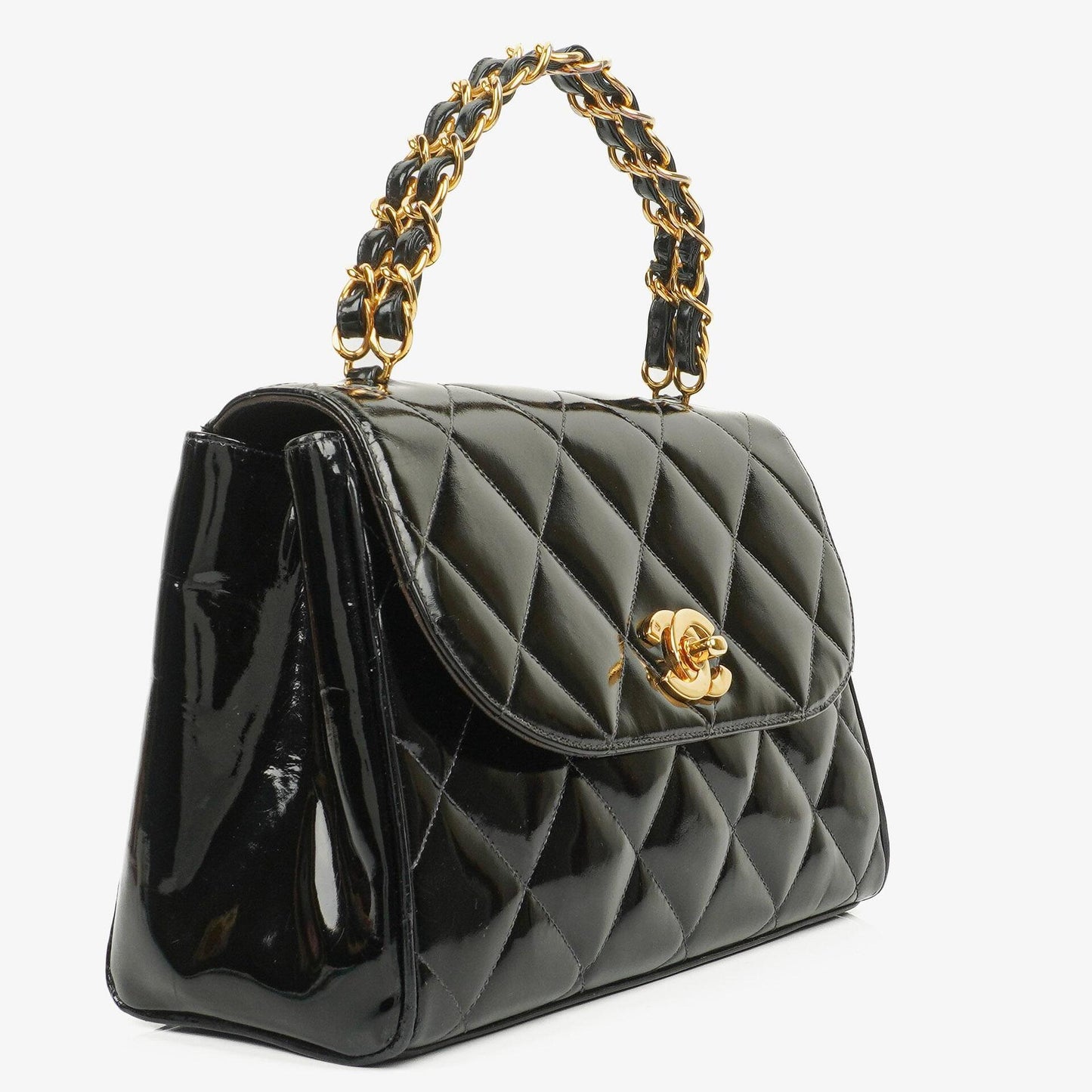 Chanel Black Quilted Patent Leather CC Flap Double Chain Bag