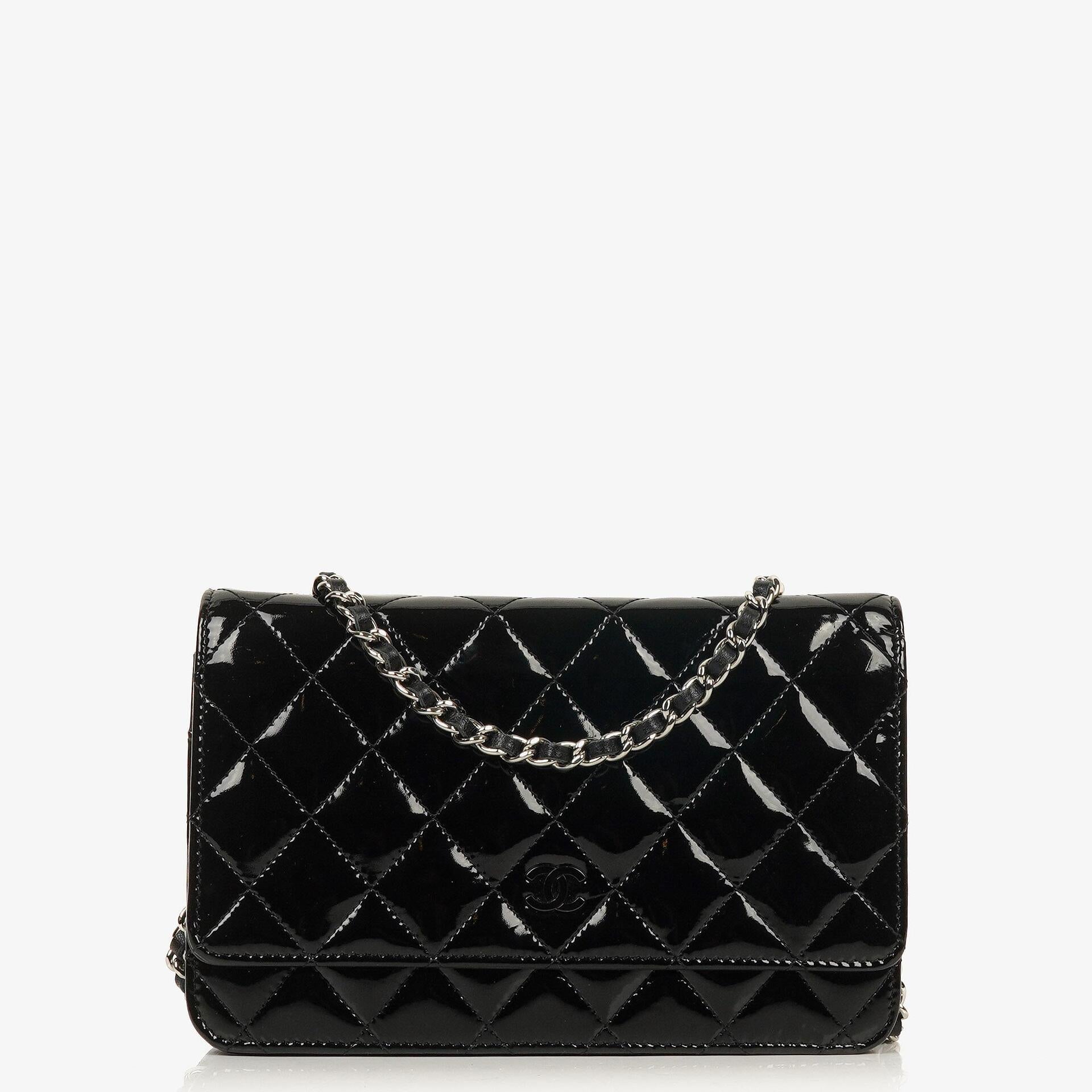 Chanel Black Quilted Patent Leather Wallet On Chain WOC With Silver-Tone Hardware