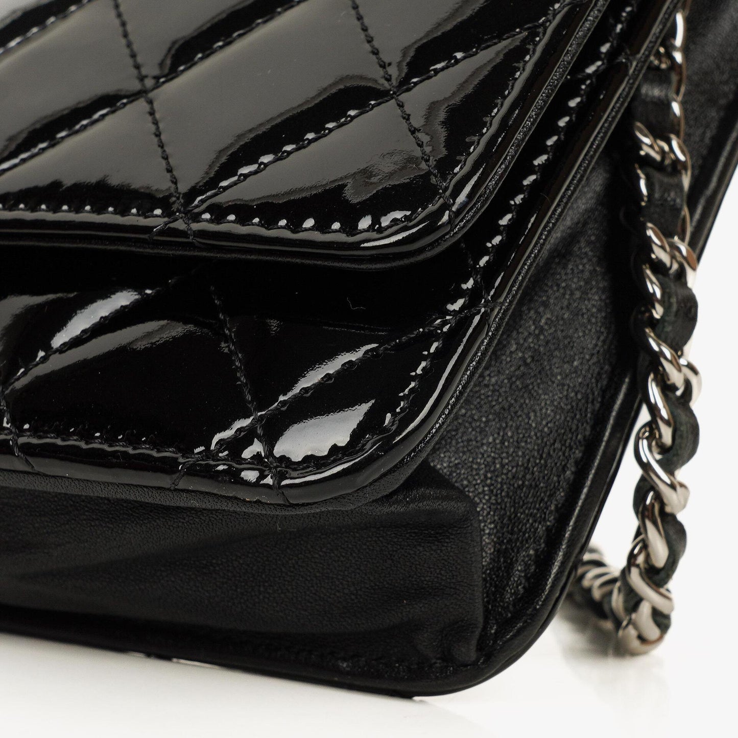 Chanel Black Quilted Patent Leather Wallet On Chain WOC With Silver-Tone Hardware