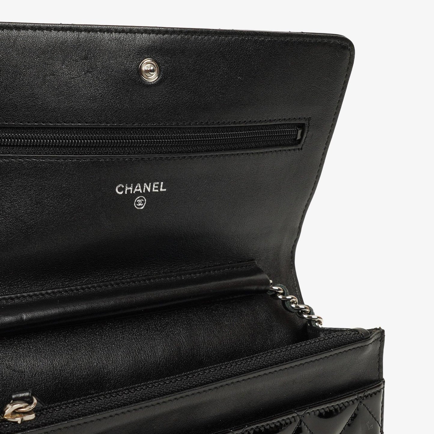 Chanel Black Quilted Patent Leather Wallet On Chain WOC With Silver-Tone Hardware