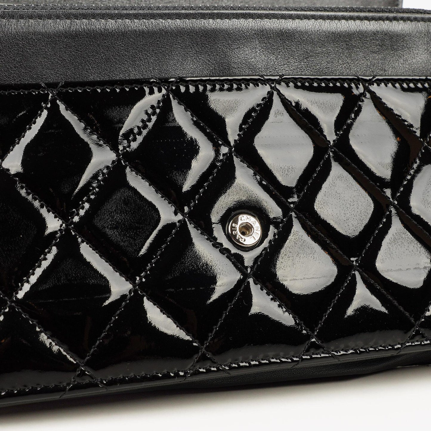 Chanel Black Quilted Patent Leather Wallet On Chain WOC With Silver-Tone Hardware