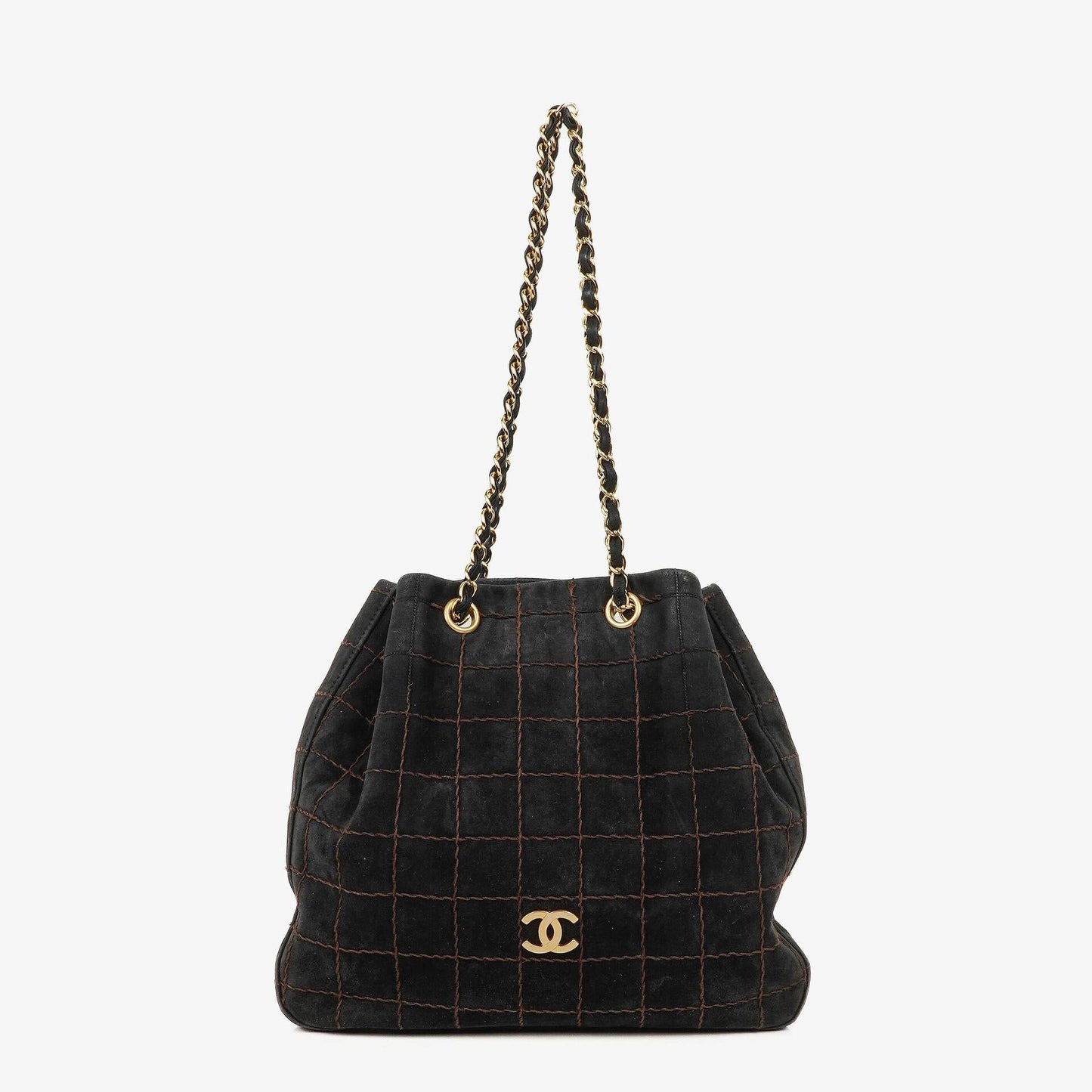 Chanel Black Suede Stitched Chocolate Bar Drawstring Tote Bag