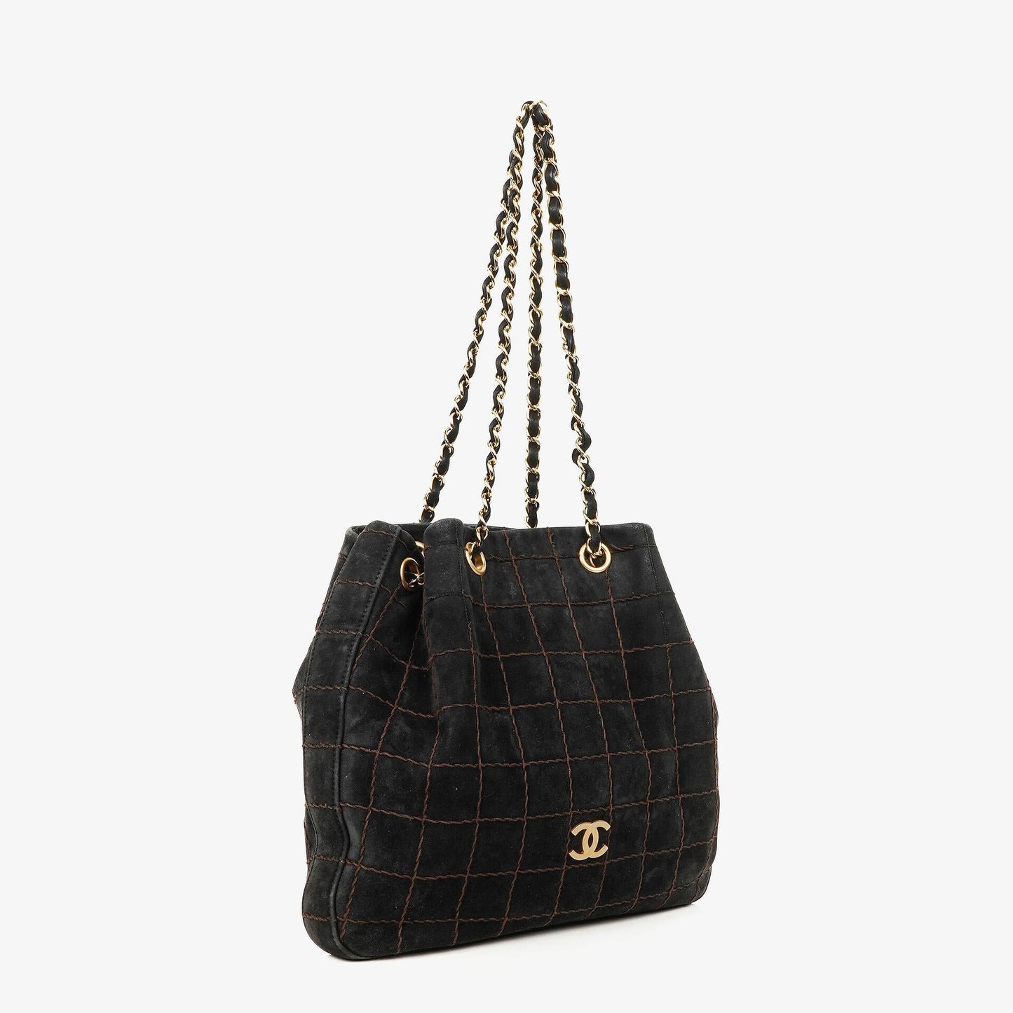 Chanel Black Suede Stitched Chocolate Bar Drawstring Tote Bag