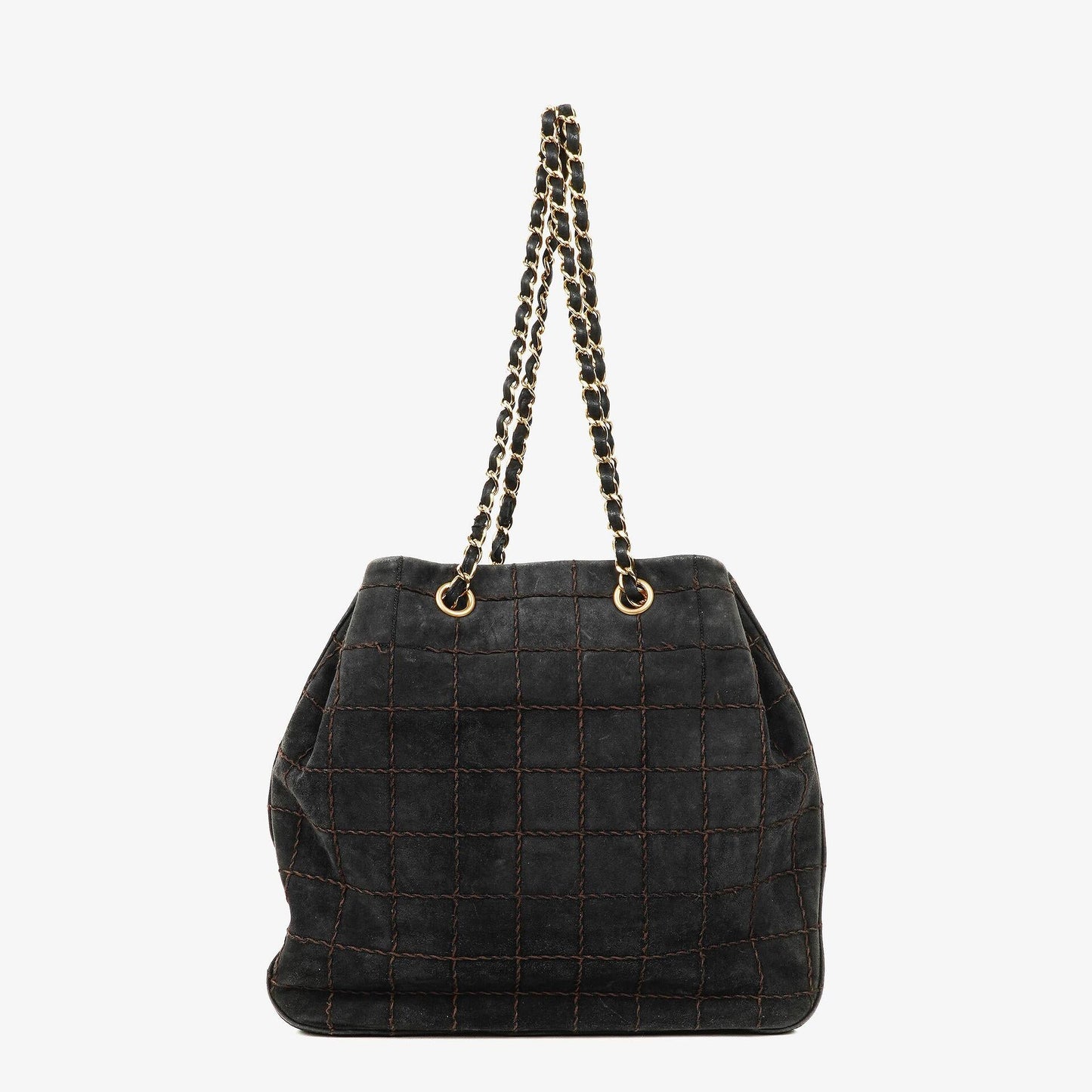 Chanel Black Suede Stitched Chocolate Bar Drawstring Tote Bag