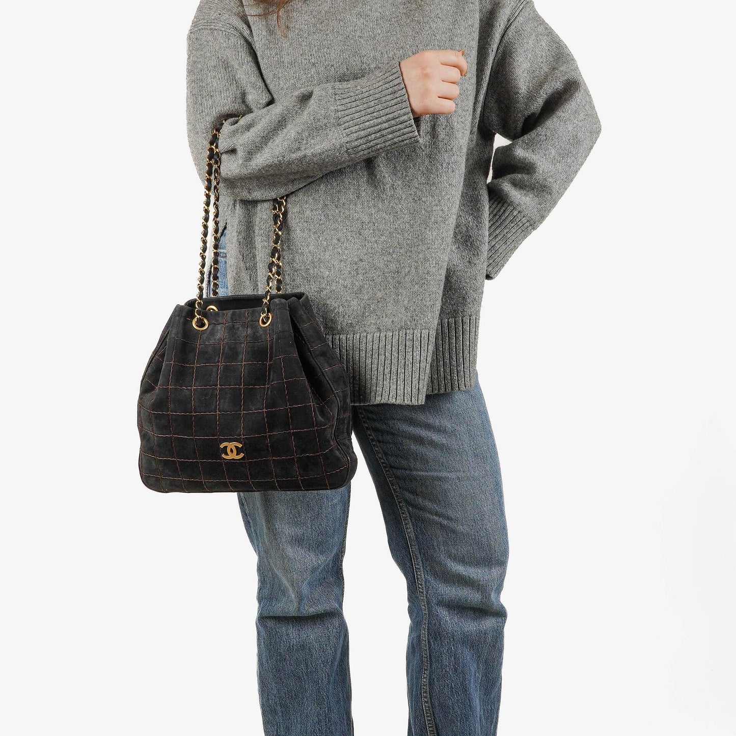 Chanel Black Suede Stitched Chocolate Bar Drawstring Tote Bag