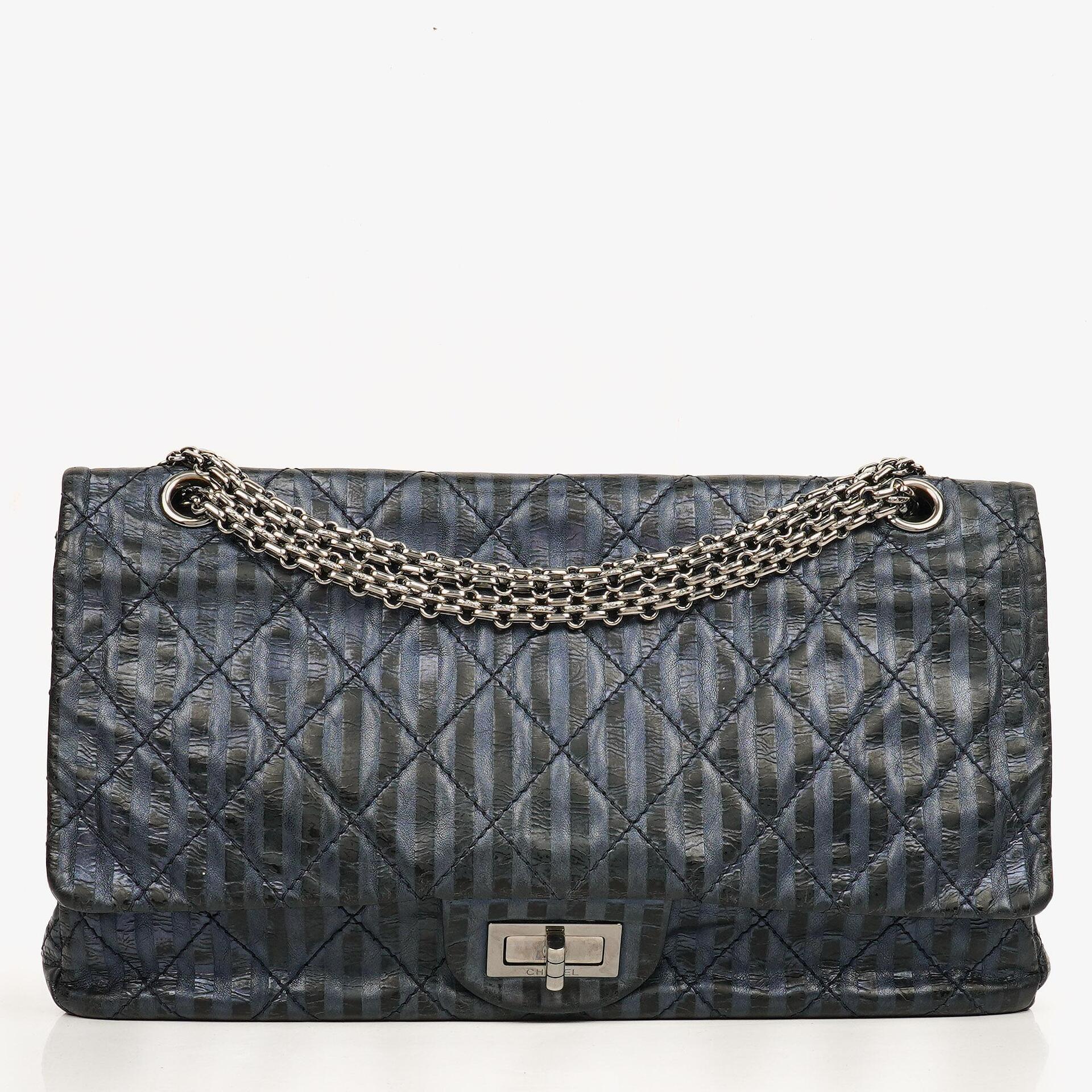 Chanel Blue Metallic Striped 2.55 Reissue Quilted Calfskin Leather 227 Jumbo Flap Bag