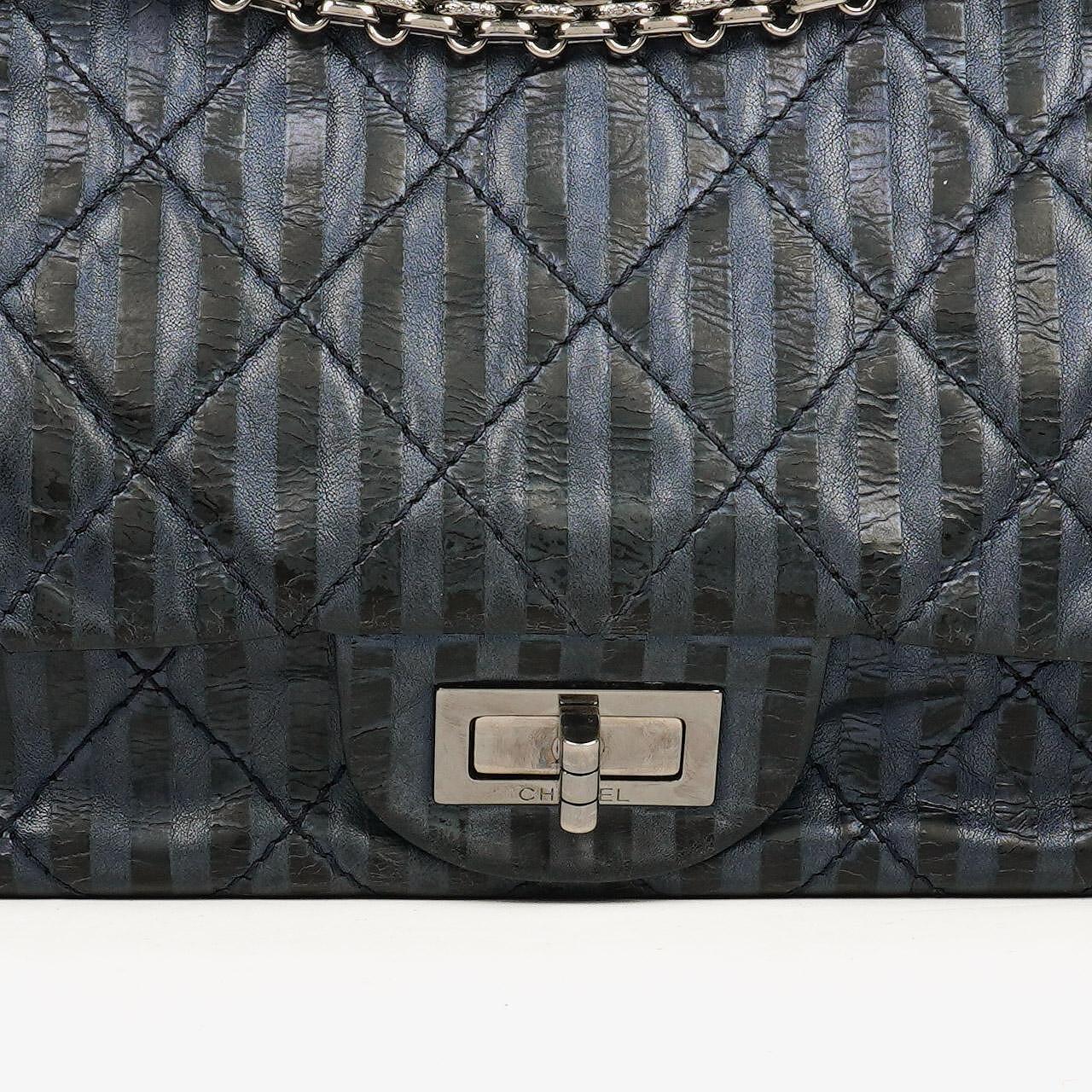 Chanel Blue Metallic Striped 2.55 Reissue Quilted Calfskin Leather 227 Jumbo Flap Bag