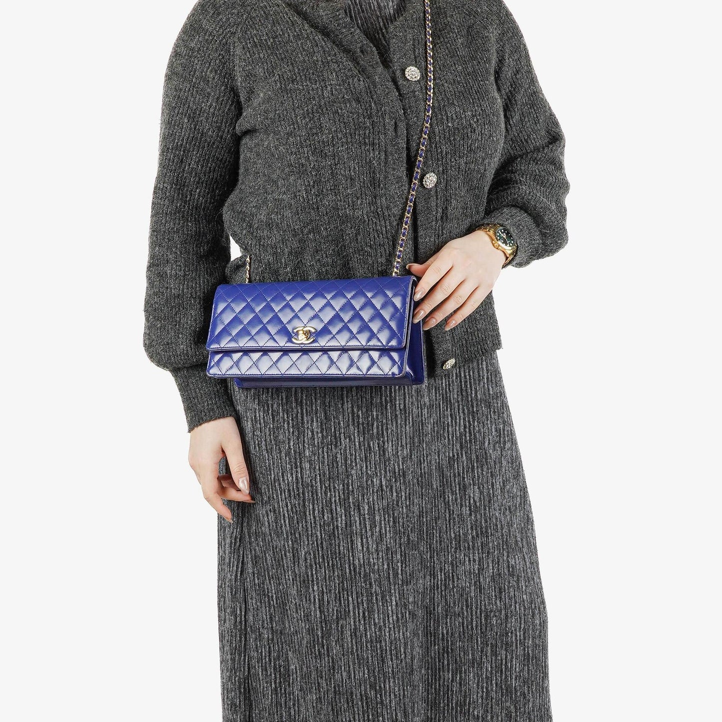 Chanel Blue Quilted Patent Leather Long Flap Bag