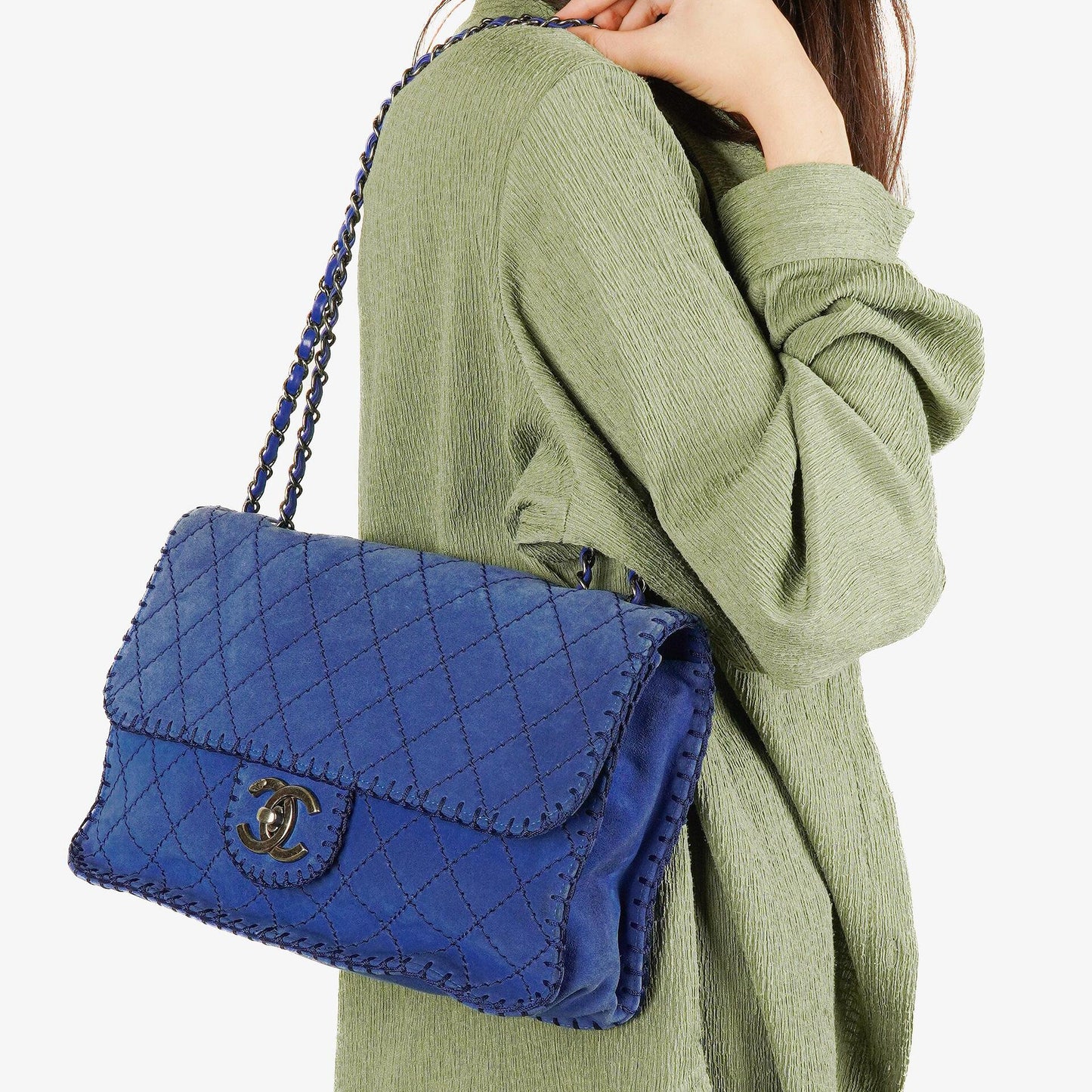 Chanel Blue Quilted Suede Whipstitch Large Flap Bag