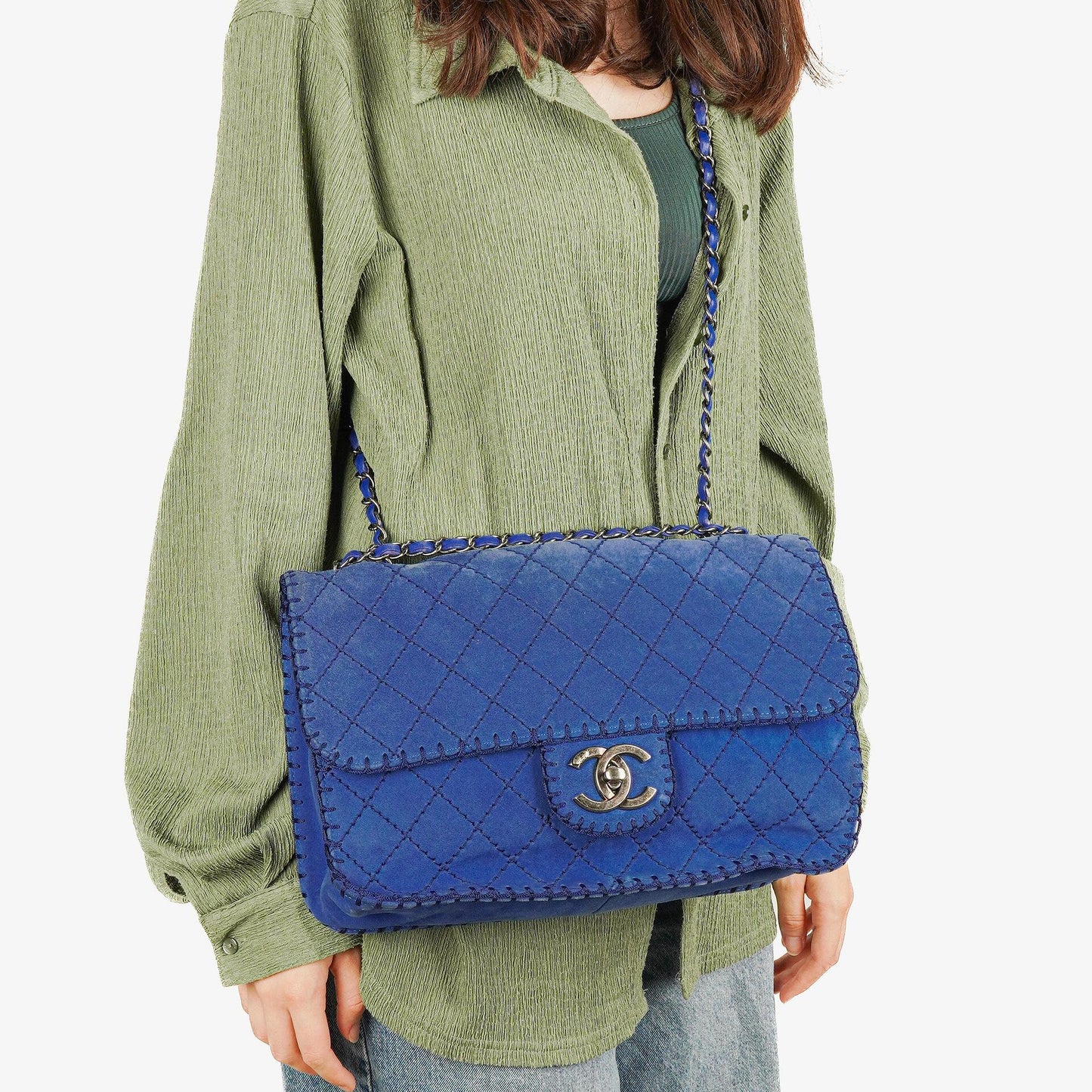 Chanel Blue Quilted Suede Whipstitch Large Flap Bag