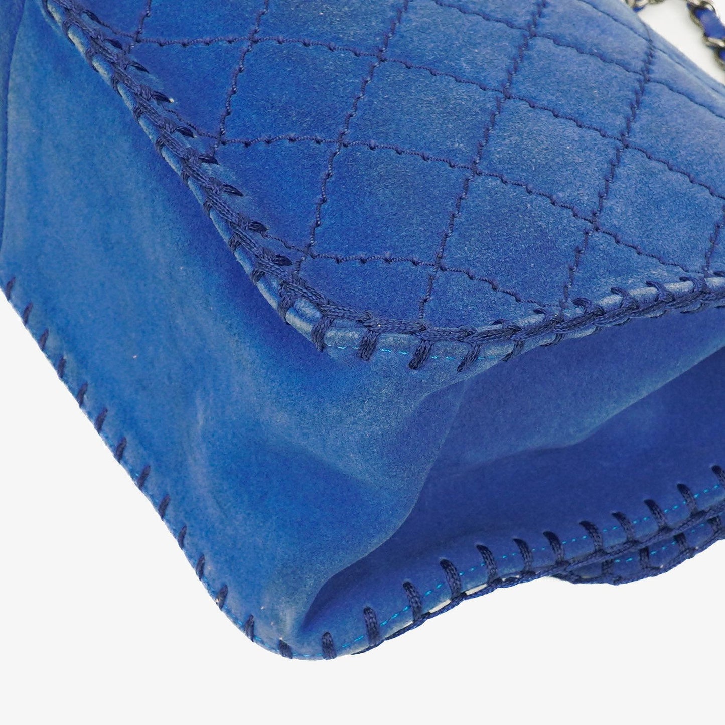 Chanel Blue Quilted Suede Whipstitch Large Flap Bag
