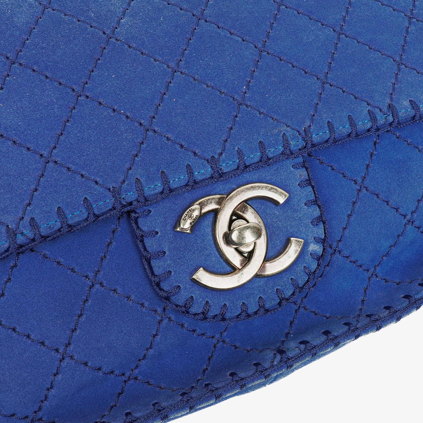 Chanel Blue Quilted Suede Whipstitch Large Flap Bag