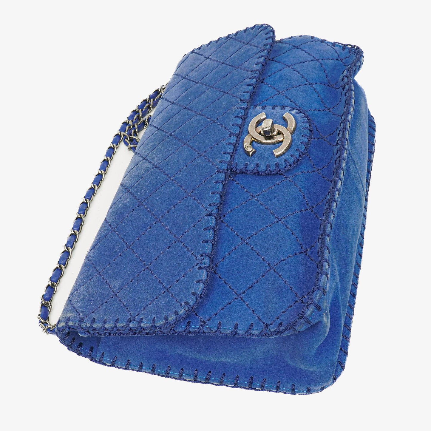 Chanel Blue Quilted Suede Whipstitch Large Flap Bag
