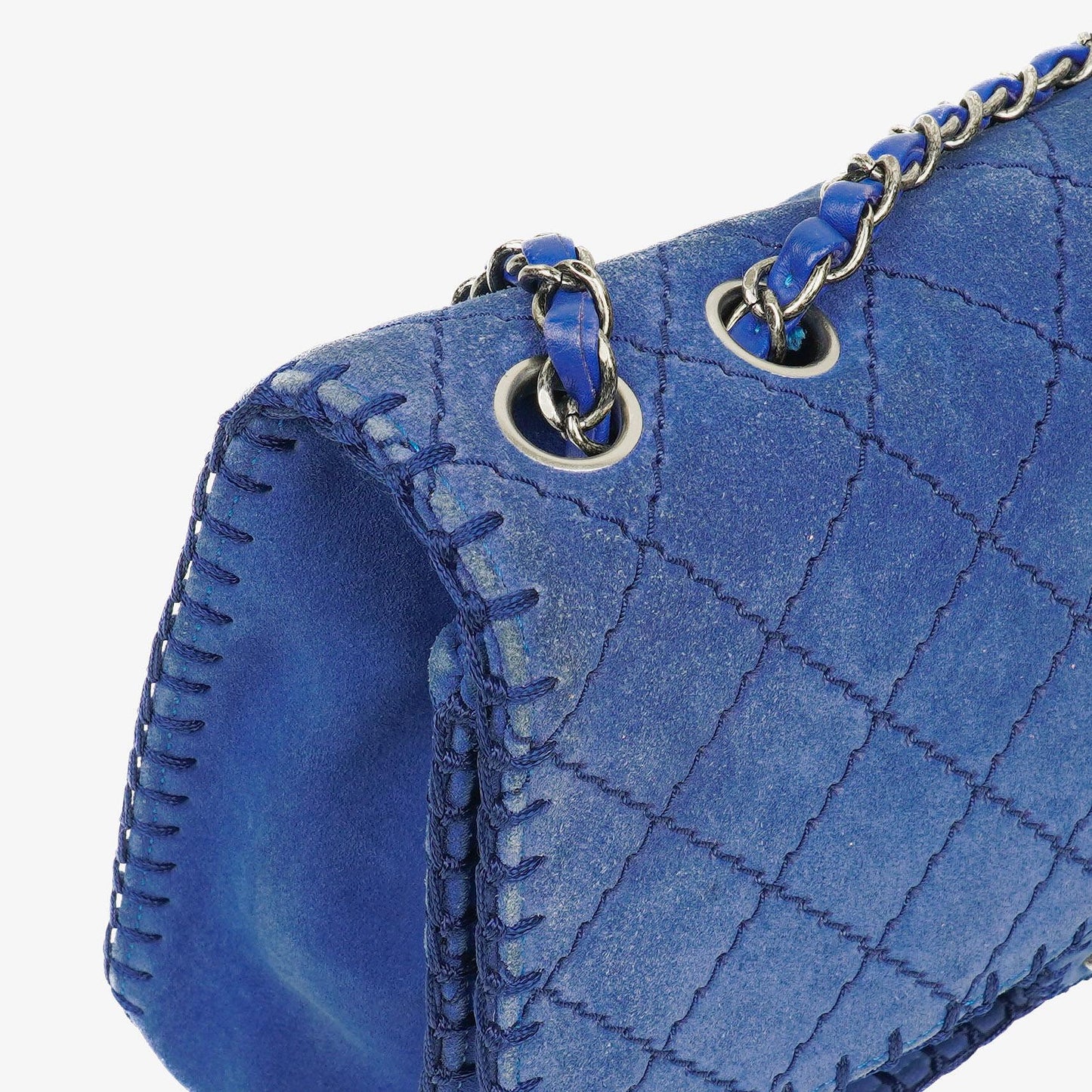 Chanel Blue Quilted Suede Whipstitch Large Flap Bag
