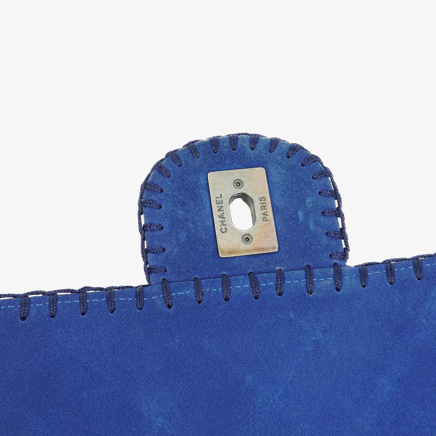 Chanel Blue Quilted Suede Whipstitch Large Flap Bag