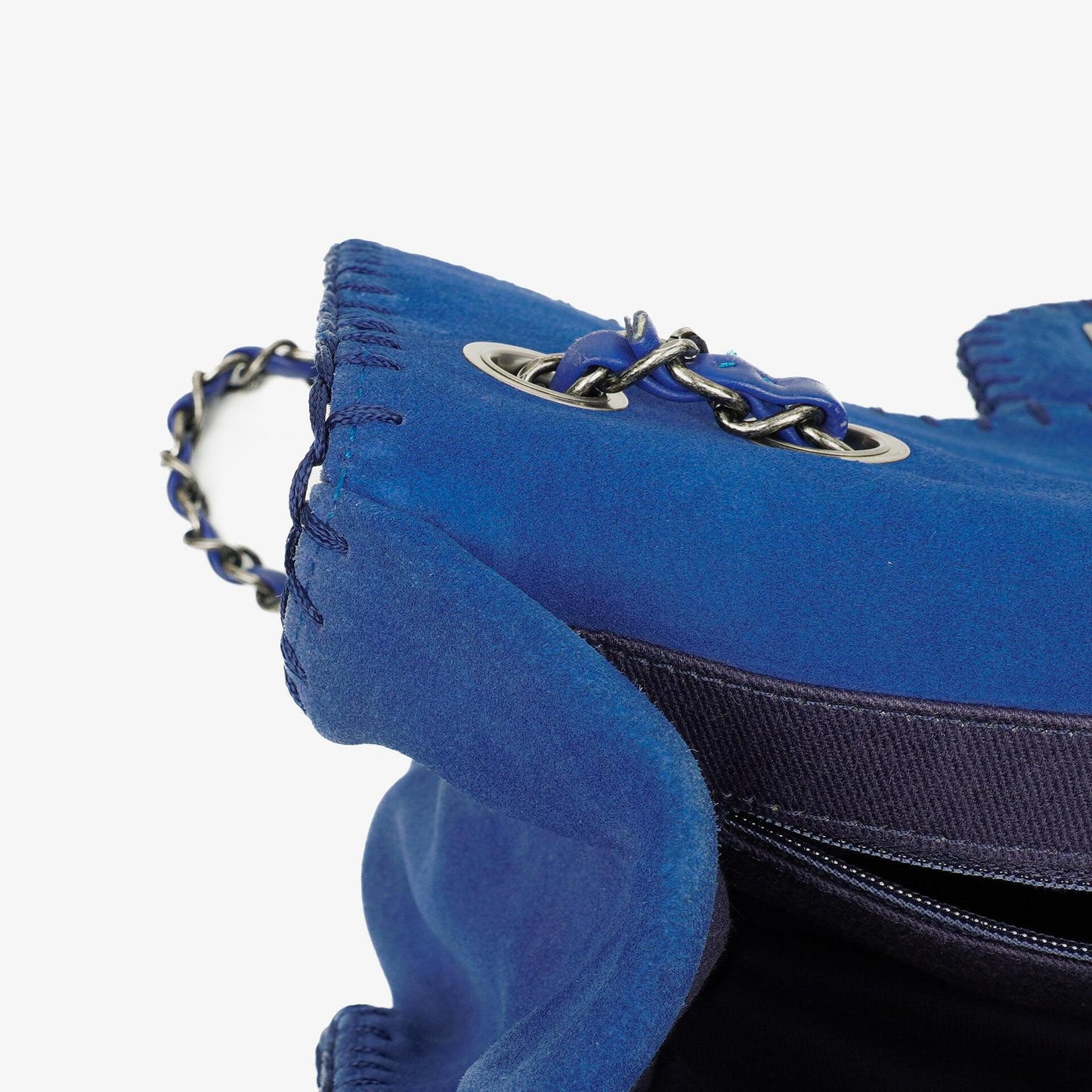 Chanel Blue Quilted Suede Whipstitch Large Flap Bag