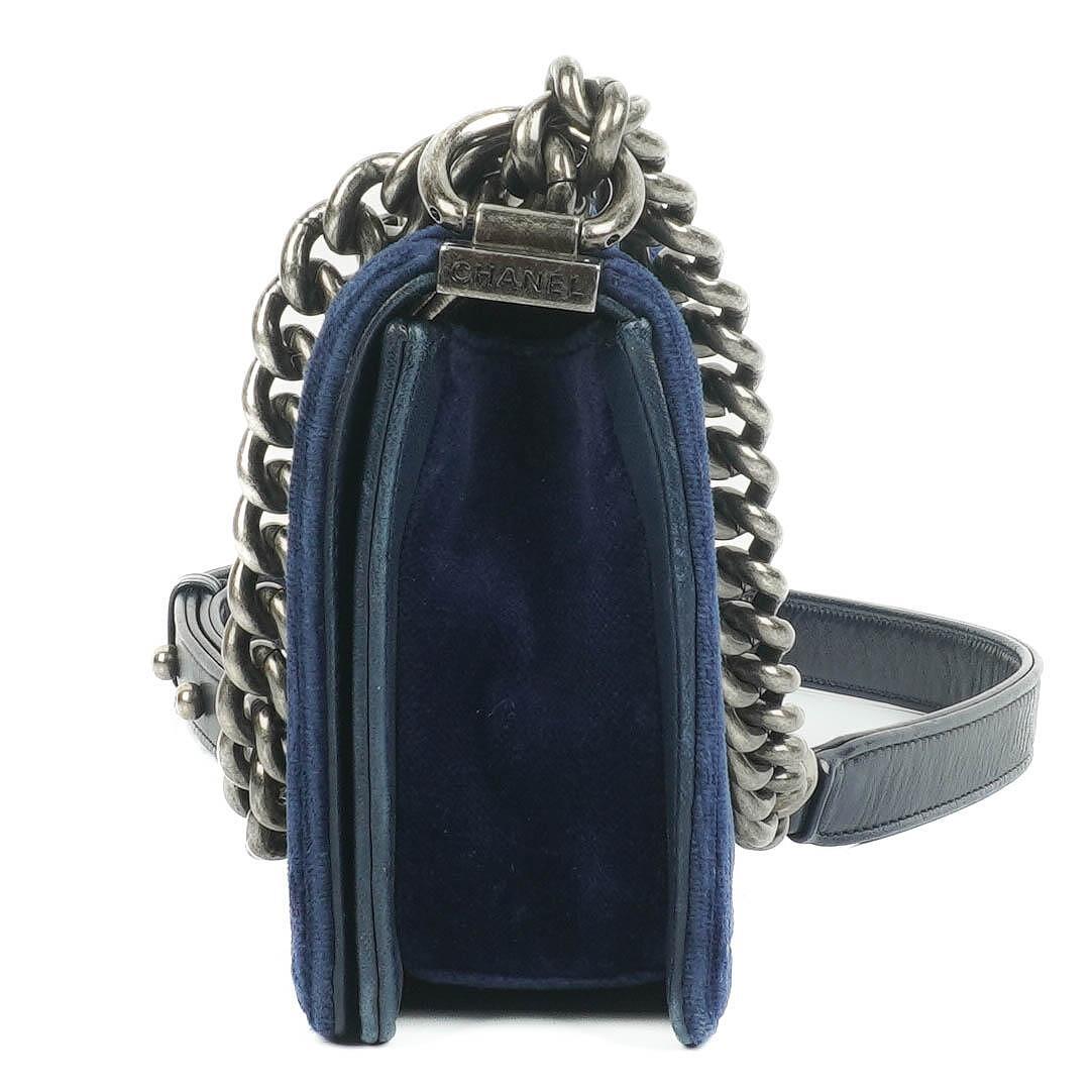 Chanel Small Boy Flap Bag Blue Velvet Ruthenium Hardware