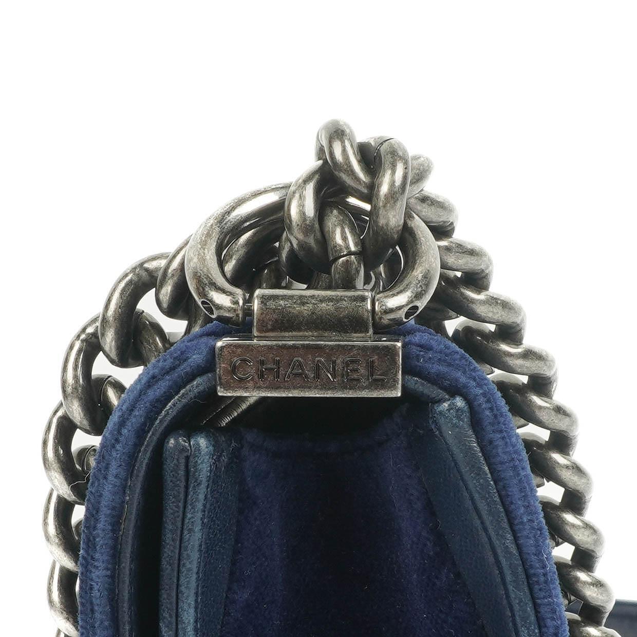 Chanel Small Boy Flap Bag Blue Velvet Ruthenium Hardware
